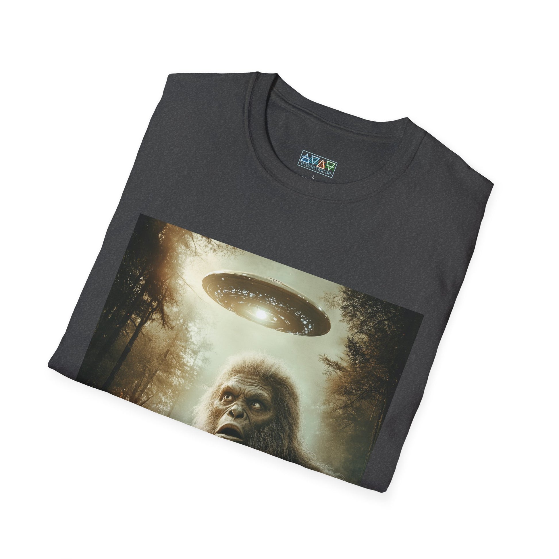 Bigfoot UFO Unisex Softstyle T-Shirt, Funny Graphic Tee, Sasquatch Clothing, Alien Lover Gift, Outdoor Adventure Tee, Casual Wear