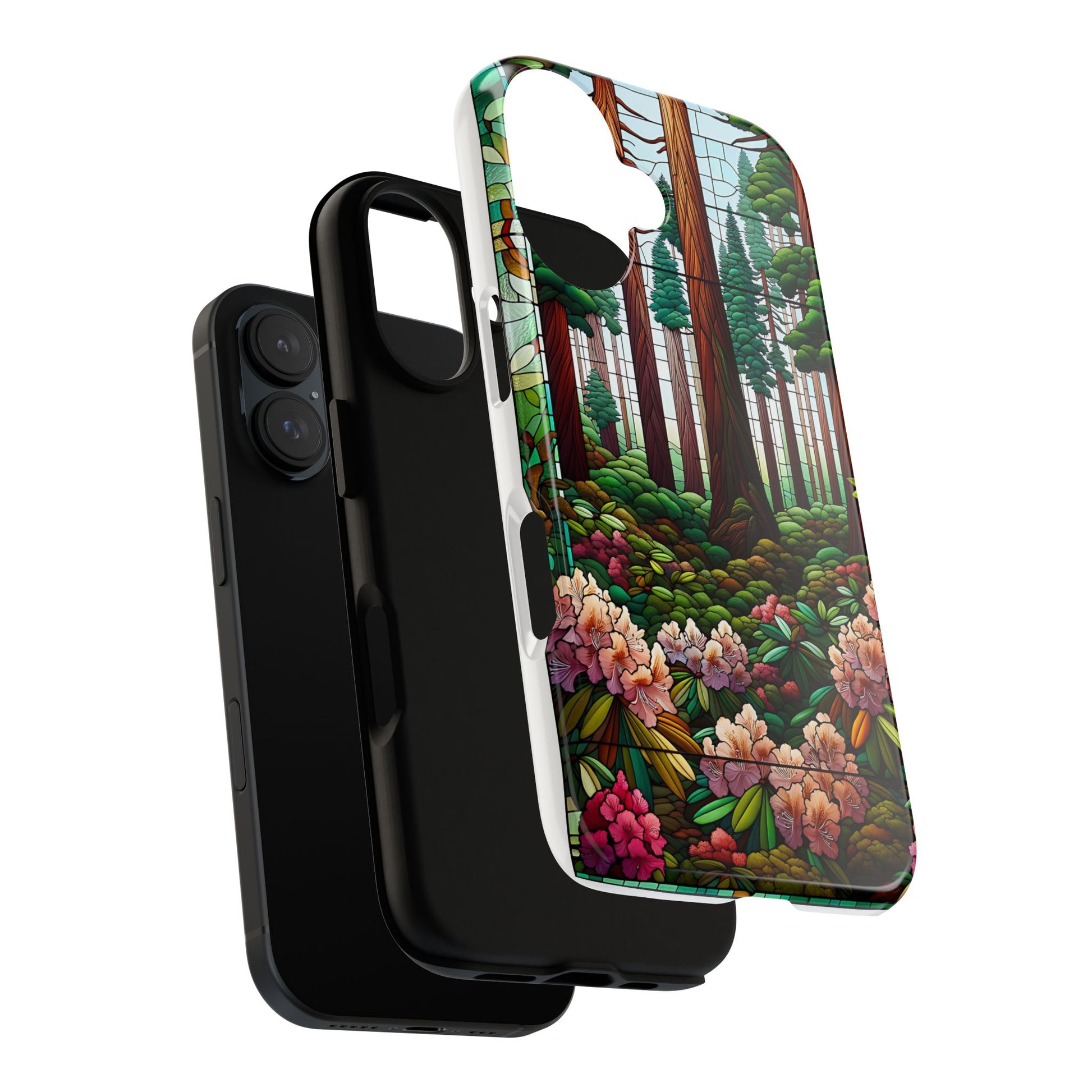Nature Inspired Tough Cases - Redwood Trees & Rhododendrons Stained Glass iPhone Cover, Protective Phone Shell, Unique Samsung Galaxy Case,