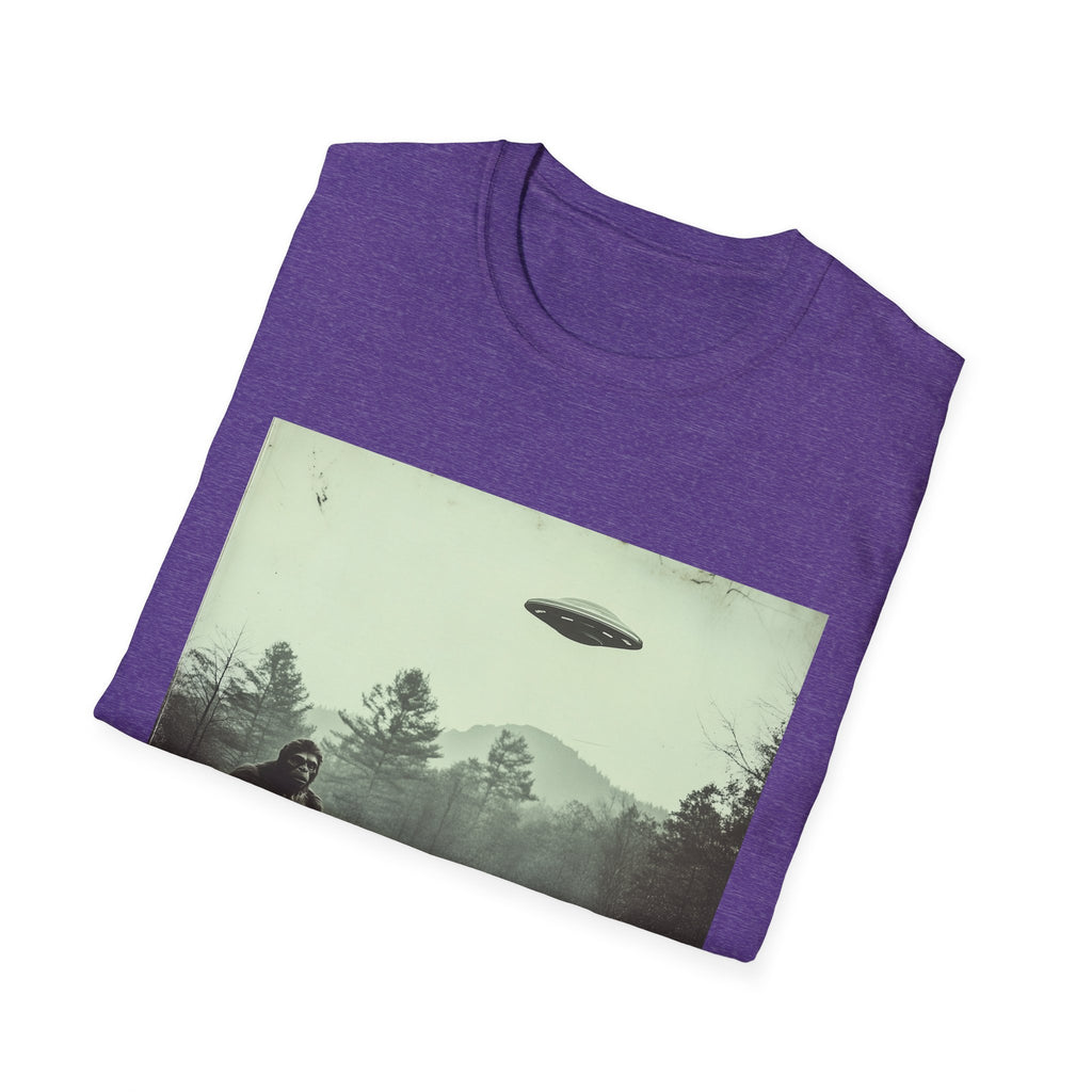 Bigfoot & UFO Unisex T-Shirt, Sasquatch Alien Tee, Cryptid Spaceship Shirt, Extraterrestrial Fantasy Clothing, Funny Yeti Top