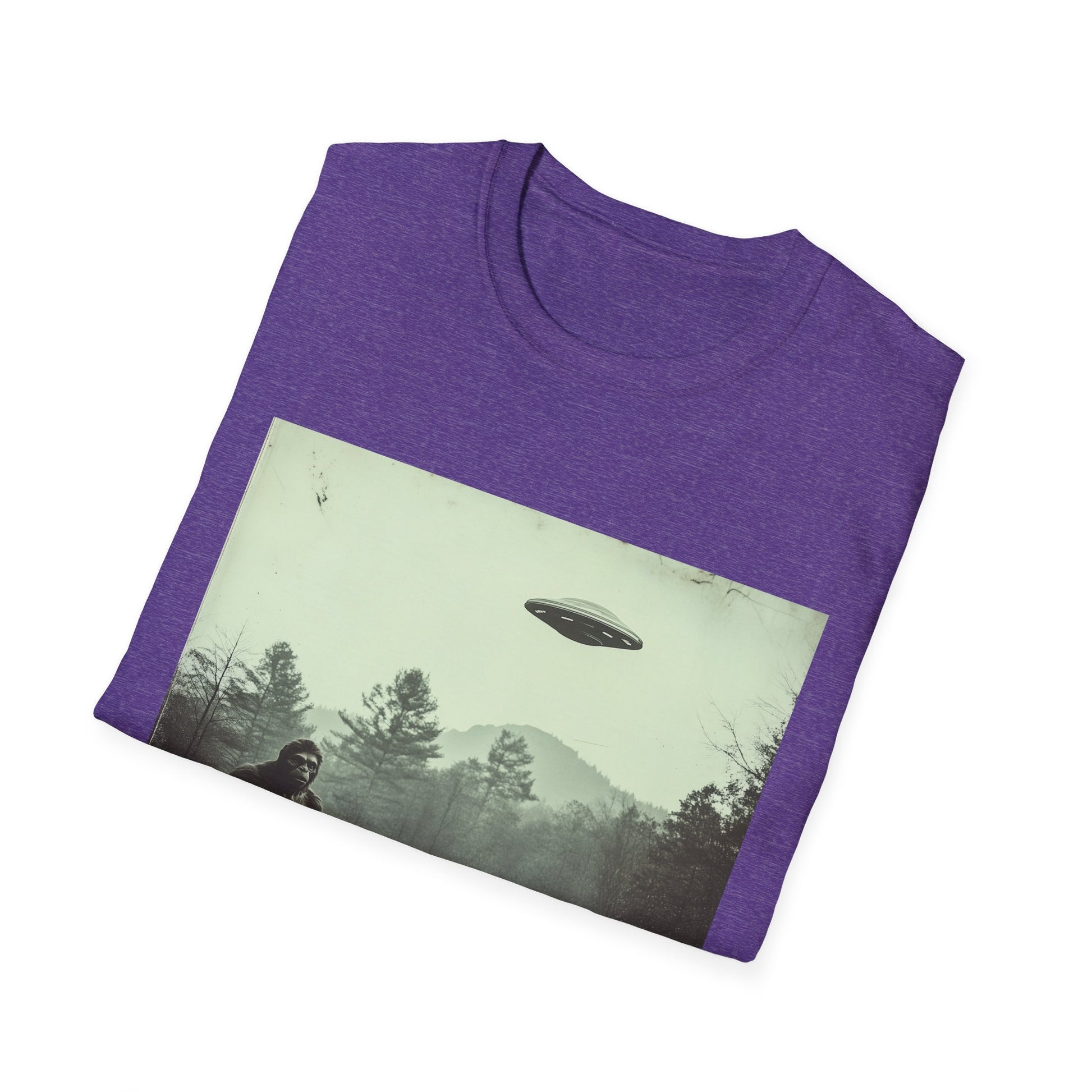 Bigfoot & UFO Unisex T-Shirt, Sasquatch Alien Tee, Cryptid Spaceship Shirt, Extraterrestrial Fantasy Clothing, Funny Yeti Top