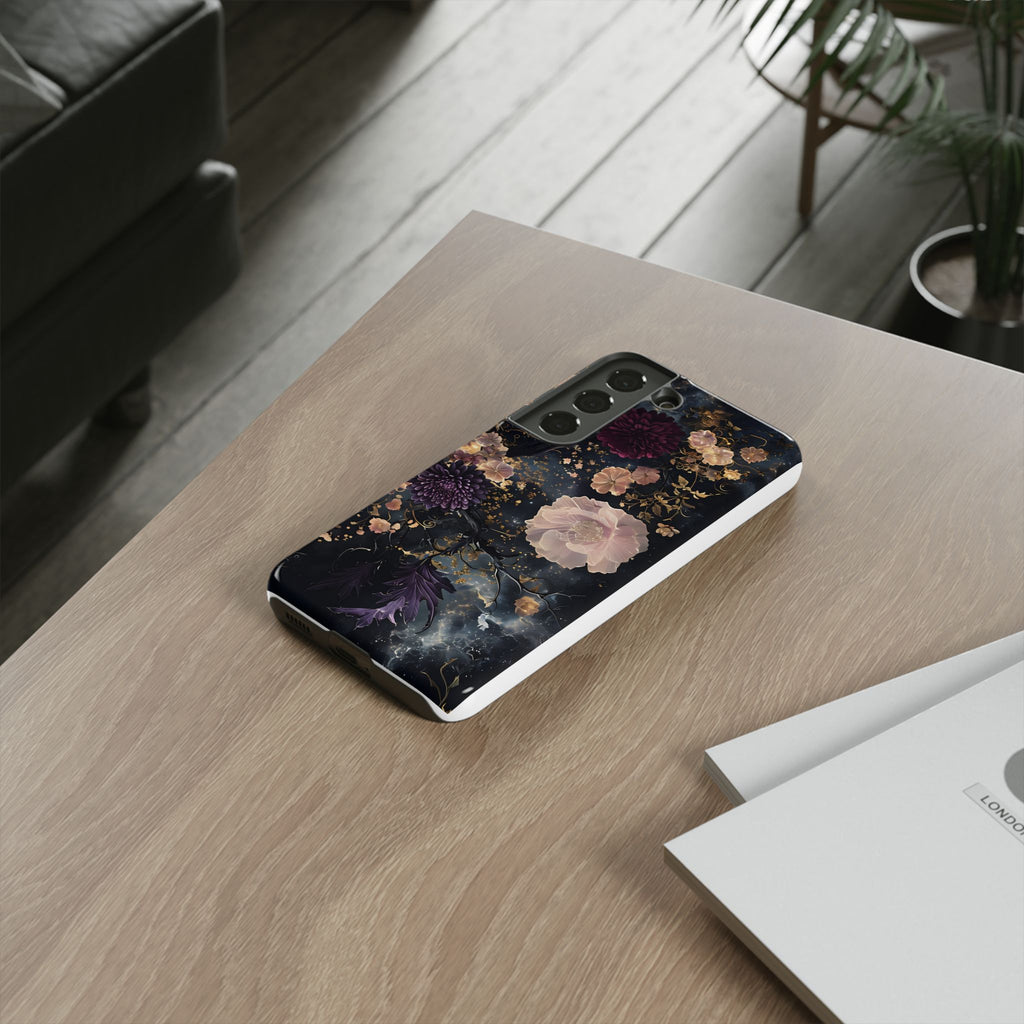 Phone Case, Whimsical Floral Pattern Against Cosmic Nebulous Background. Galaxy, Space, Tough Protective Cover, Unique Gift, Trendy