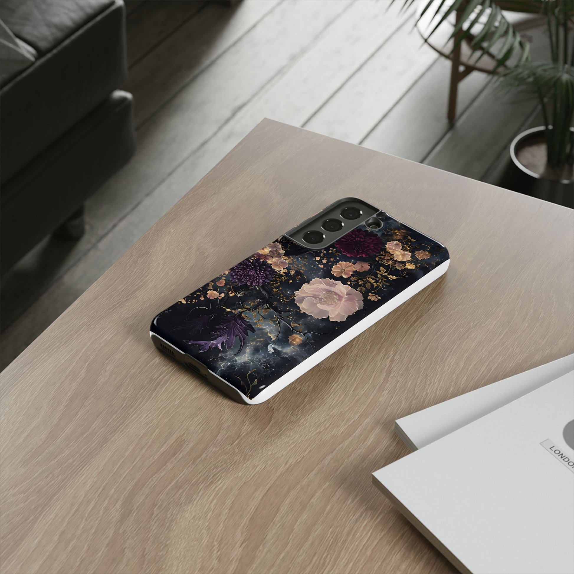 Phone Case, Whimsical Floral Pattern Against Cosmic Nebulous Background. Galaxy, Space, Tough Protective Cover, Unique Gift, Trendy