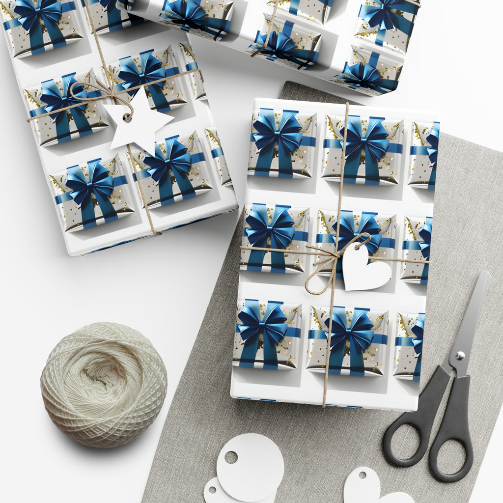 Wrapping Paper, Elegantly Wrapped Gifts On White Background with Blue Bows, Christmas Wrapping, Gift Packaging, Festive Decor, Holiday Gift