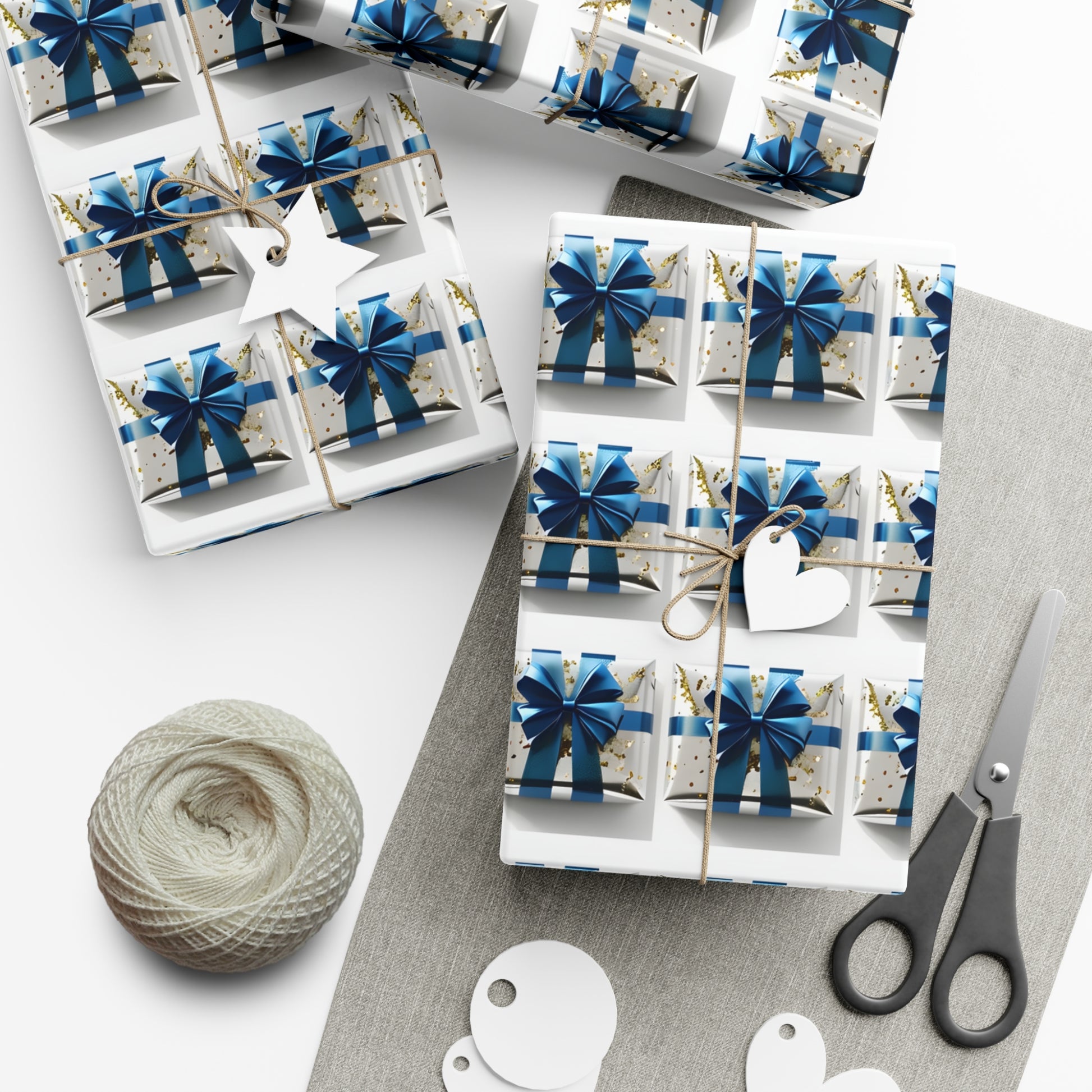 Wrapping Paper, Elegantly Wrapped Gifts On White Background with Blue Bows, Christmas Wrapping, Gift Packaging, Festive Decor, Holiday Gift