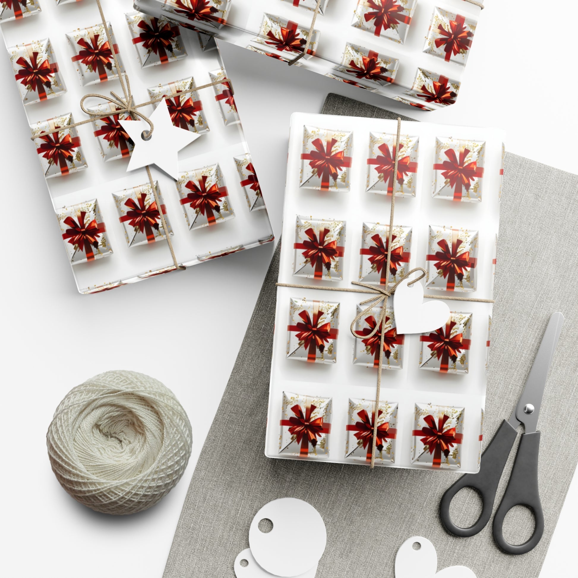 Wrapping Paper, Elegantly Wrapped Gifts On White Background with Red Bows - Gift Wrap Rolls, Eco-Friendly Gift Wrap, Holiday Season Wrapping