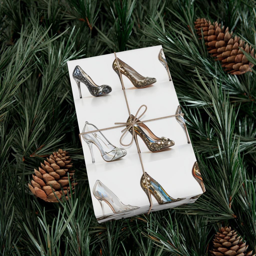 Wrapping Paper, Glittering Glass High Heels On White Background - Gift Wrap Rolls, Eco-Friendly Gift Wrap, Holiday