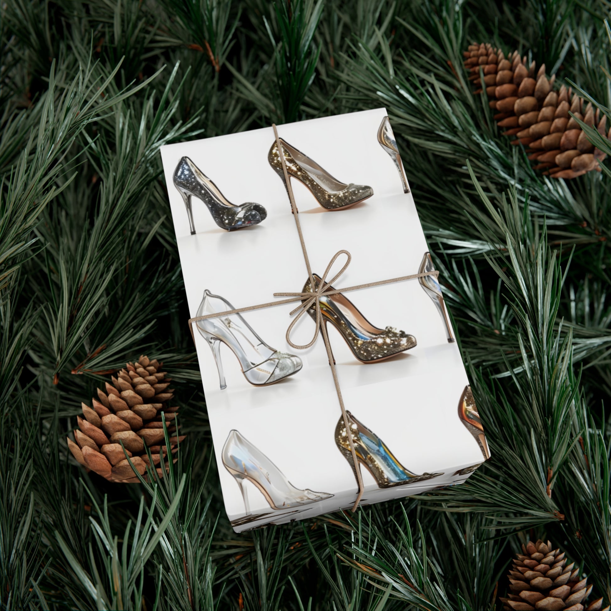 Wrapping Paper, Glittering Glass High Heels On White Background - Gift Wrap Rolls, Eco-Friendly Gift Wrap, Holiday