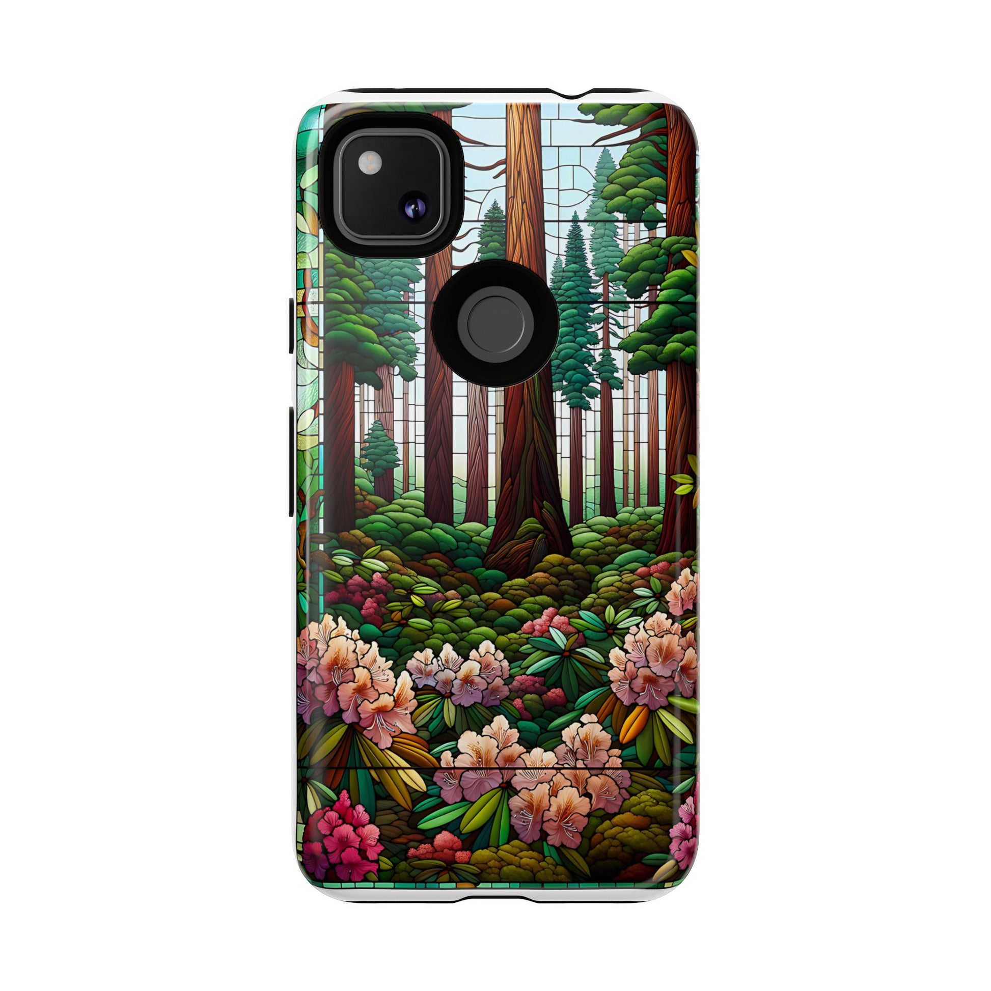 Nature Inspired Tough Cases - Redwood Trees & Rhododendrons Stained Glass iPhone Cover, Protective Phone Shell, Unique Samsung Galaxy Case,