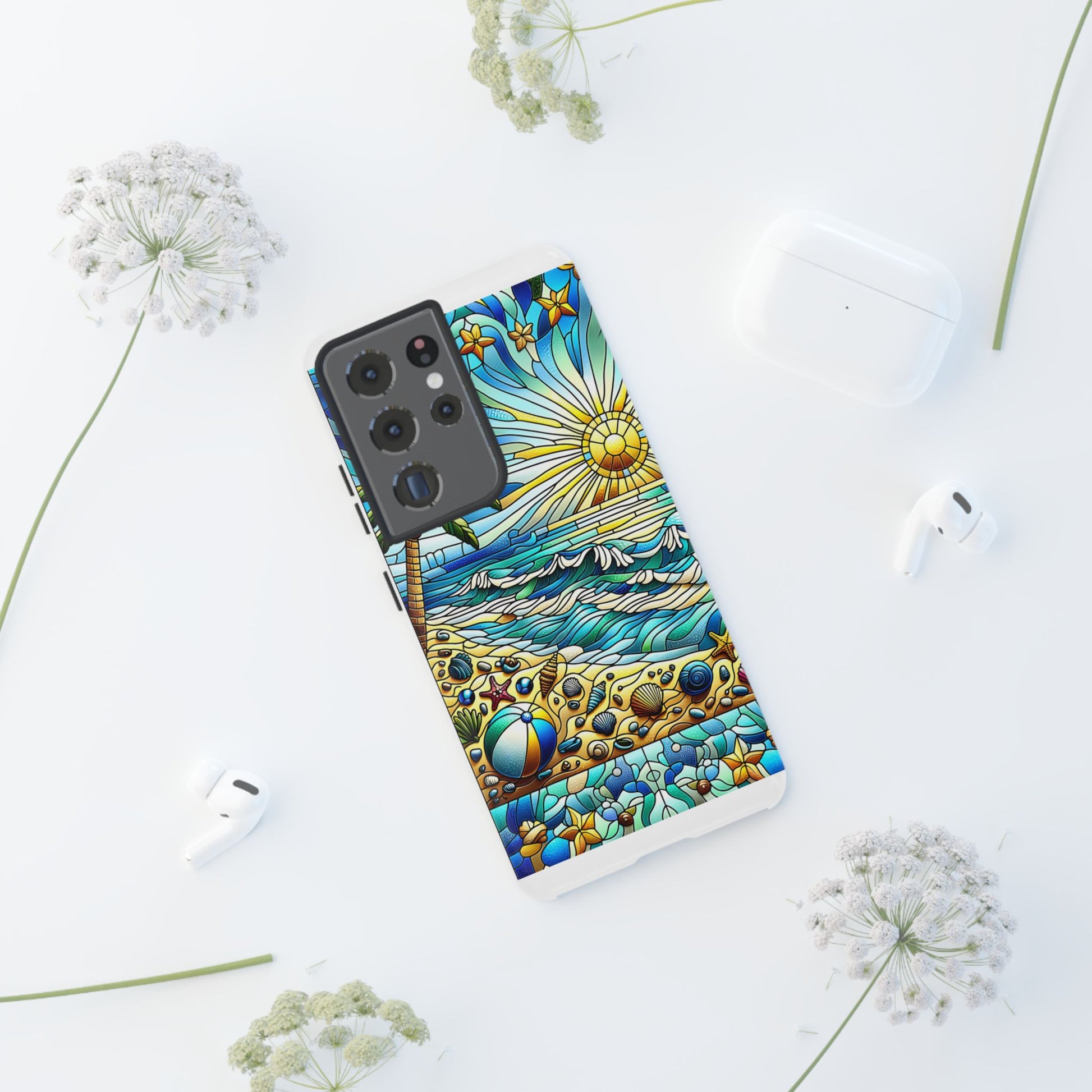 Stained Glass Tough Case, Protective Phone Case, Nature Inspired Smartphone Case, Summer Beach Play Day Phone Cover, Tough Phone Case for
