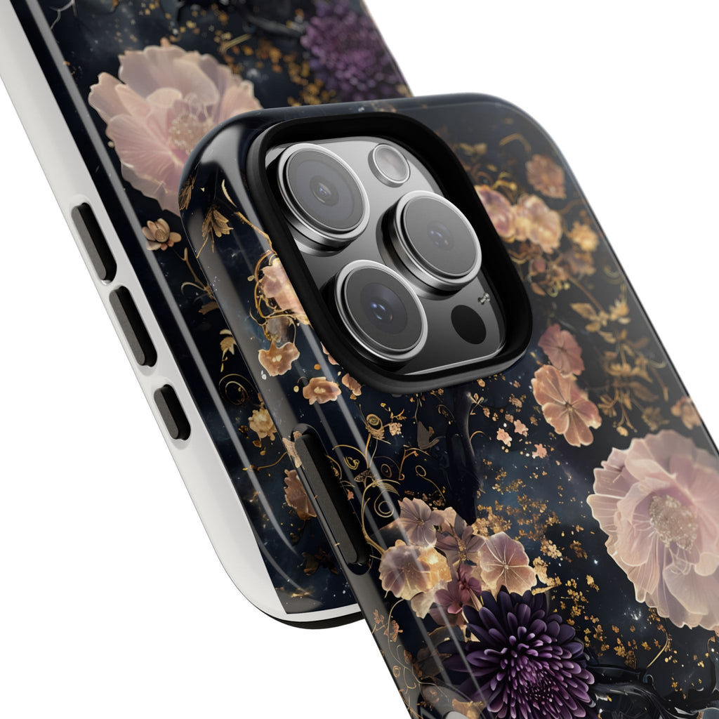 Phone Case, Whimsical Floral Pattern Against Cosmic Nebulous Background. Galaxy, Space, Tough Protective Cover, Unique Gift, Trendy