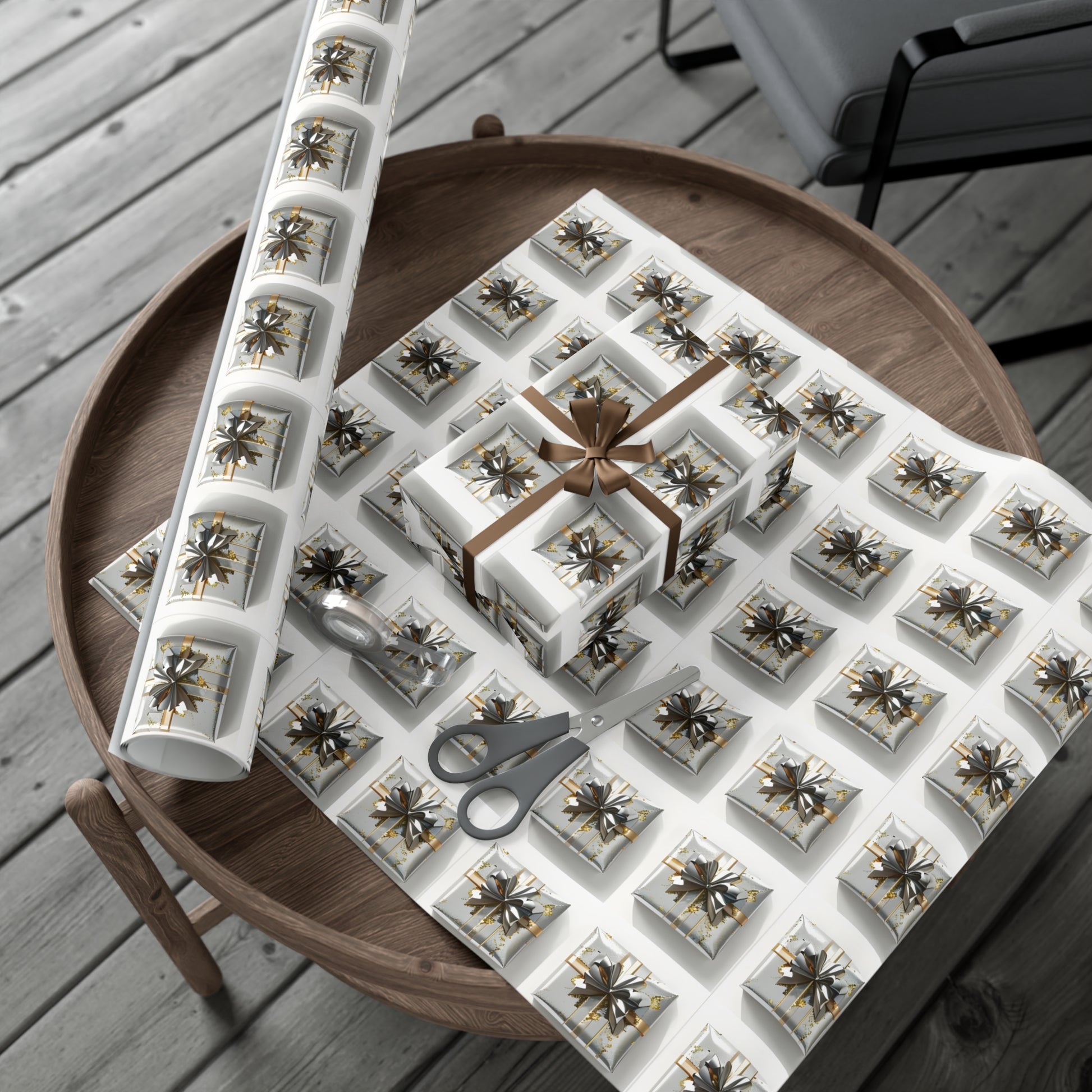 Wrapping Paper, Elegantly Wrapped Gifts On White Background with Silver & Gold Bows - Gift Wrap Rolls, Eco-Friendly Gift Wrap, Holiday