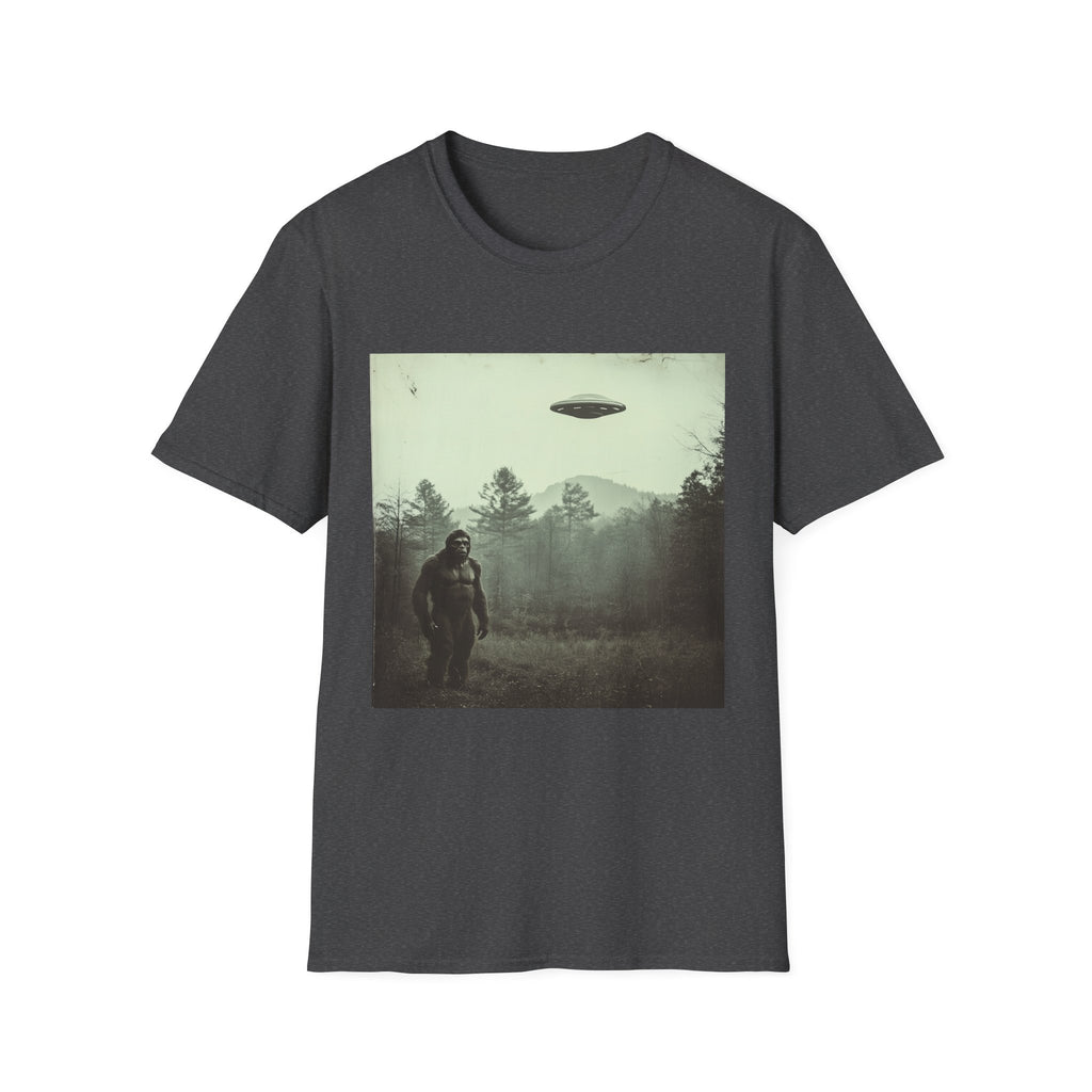 Bigfoot & UFO Unisex T-Shirt, Sasquatch Alien Tee, Cryptid Spaceship Shirt, Extraterrestrial Fantasy Clothing, Funny Yeti Top