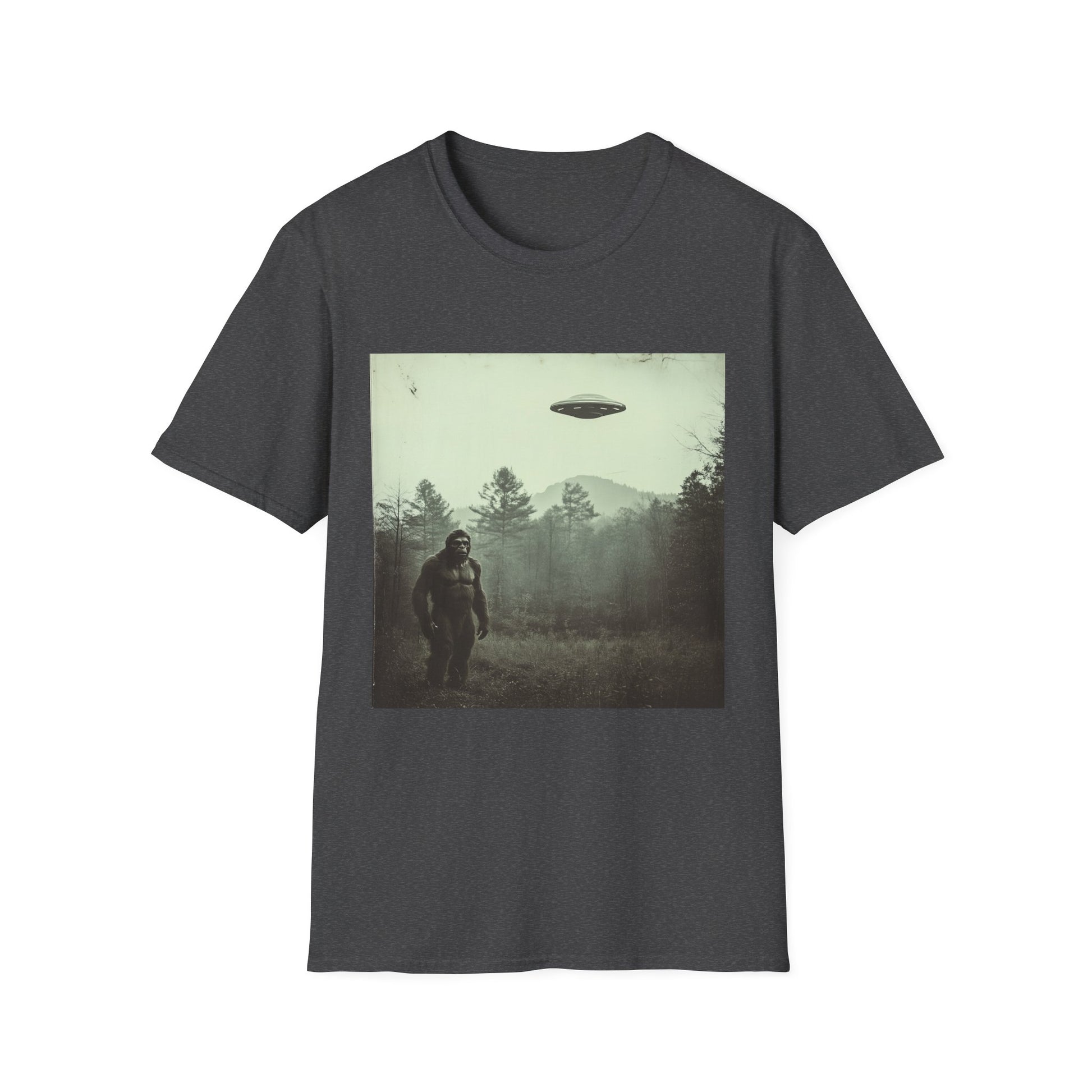 Bigfoot & UFO Unisex T-Shirt, Sasquatch Alien Tee, Cryptid Spaceship Shirt, Extraterrestrial Fantasy Clothing, Funny Yeti Top