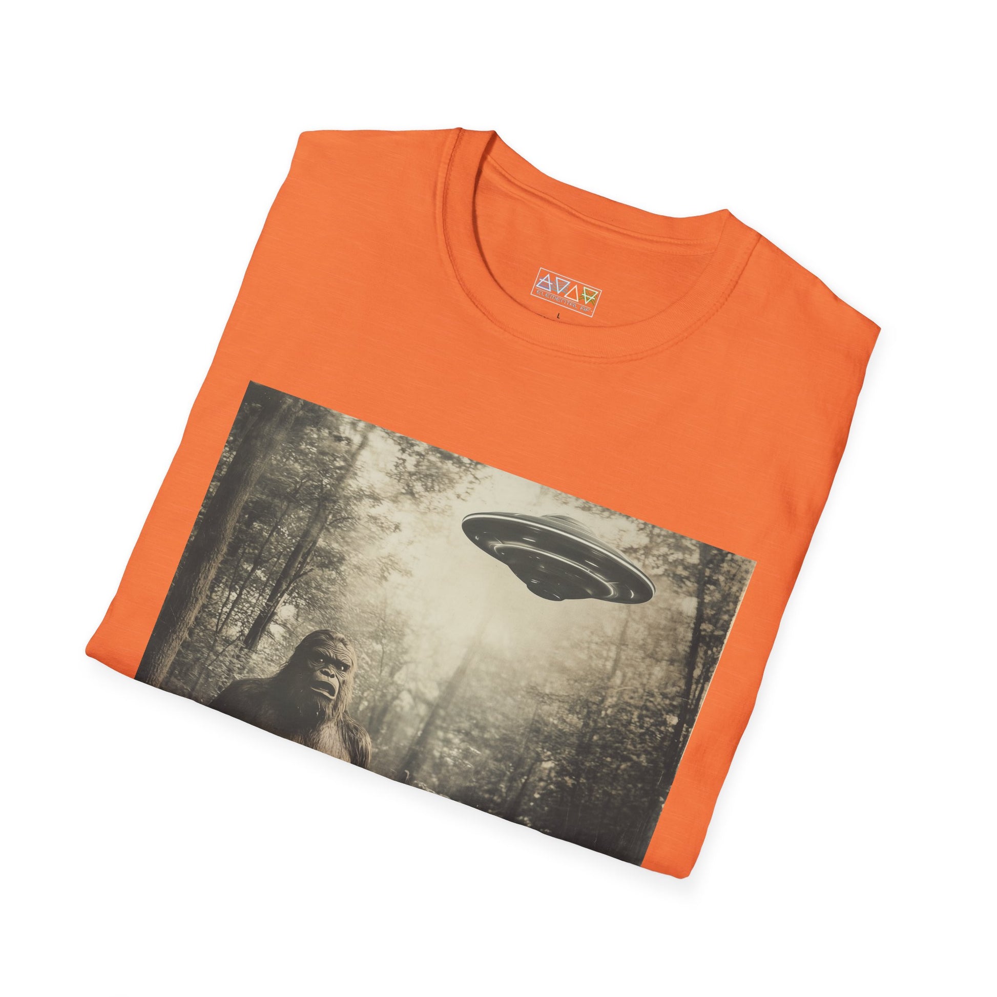Bigfoot and UFO Unisex T-Shirt, Fun Graphic Tee for Nature Lovers, Quirky Gift for Campers, Outdoor Adventure Apparel