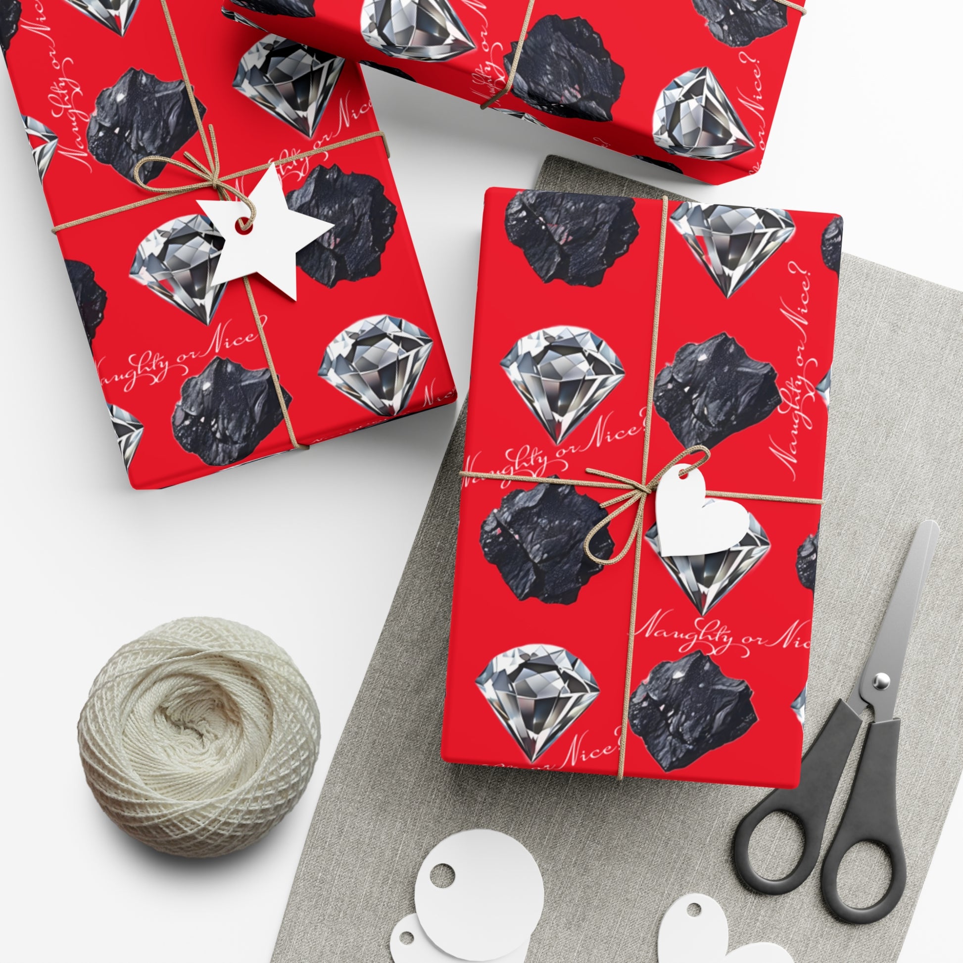 Wrapping Paper, Naughty or Nice Diamonds and Coal on Red Background - Gift Wrap Rolls, Eco-Friendly, Holiday, Christmas Gifts
