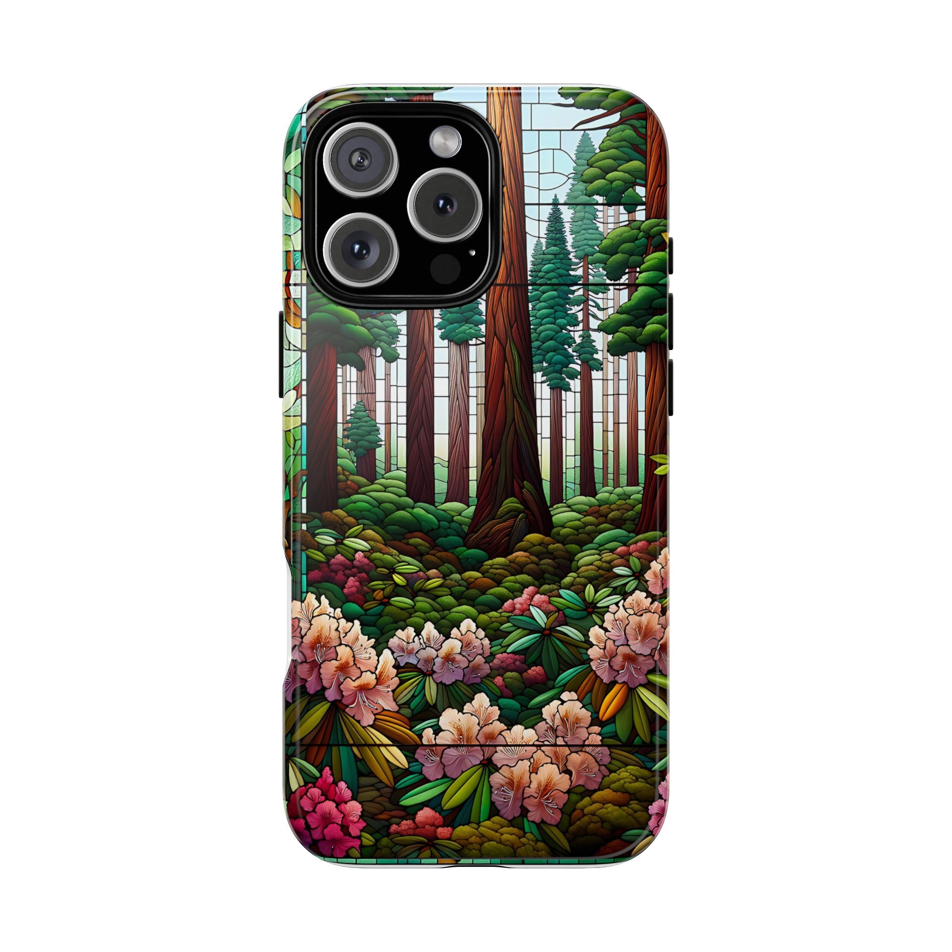 Nature Inspired Tough Cases - Redwood Trees & Rhododendrons Stained Glass iPhone Cover, Protective Phone Shell, Unique Samsung Galaxy Case,