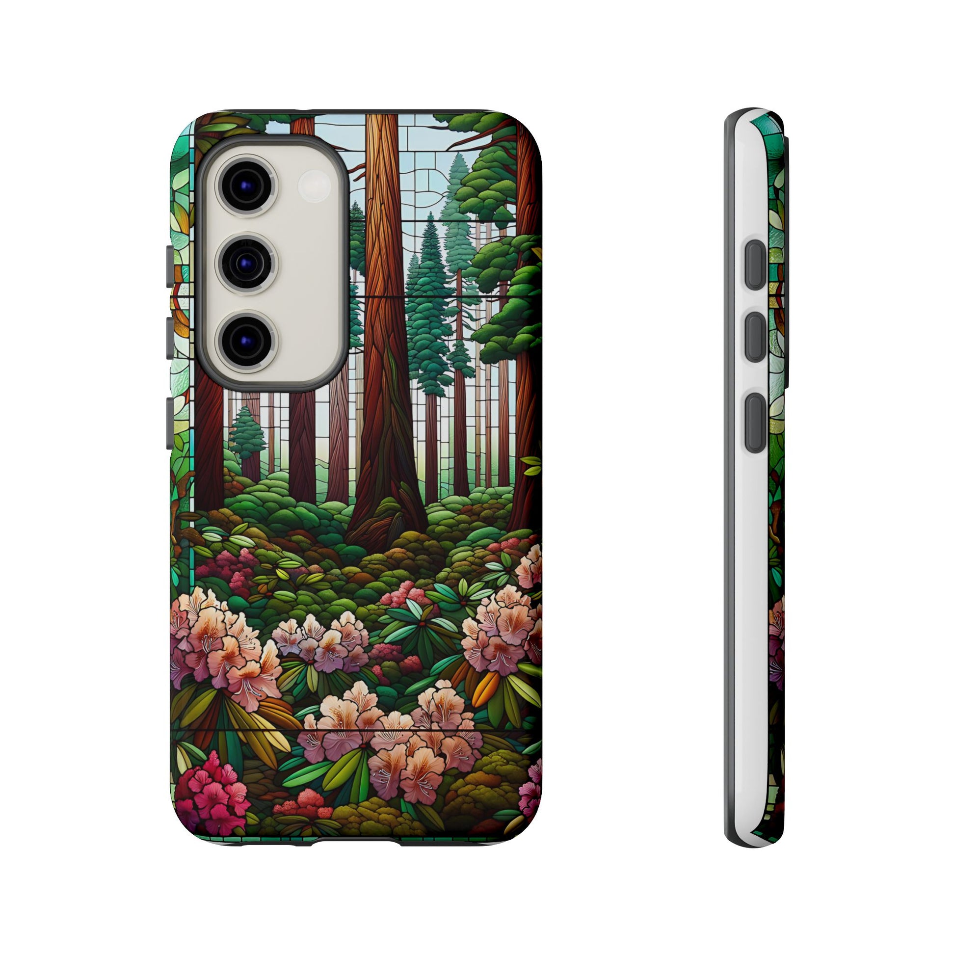 Nature Inspired Tough Cases - Redwood Trees & Rhododendrons Stained Glass iPhone Cover, Protective Phone Shell, Unique Samsung Galaxy Case,