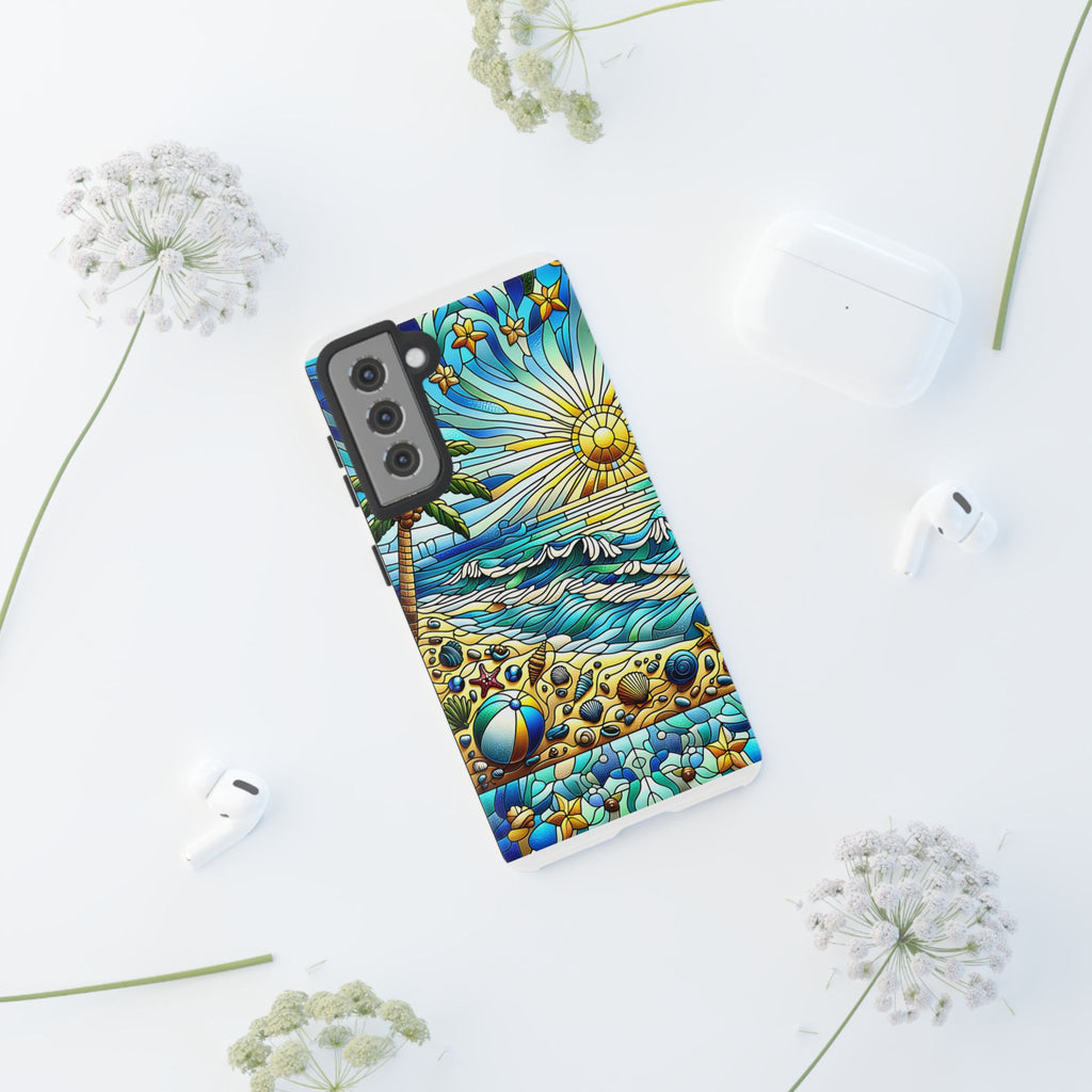 Stained Glass Tough Case, Protective Phone Case, Nature Inspired Smartphone Case, Summer Beach Play Day Phone Cover, Tough Phone Case for