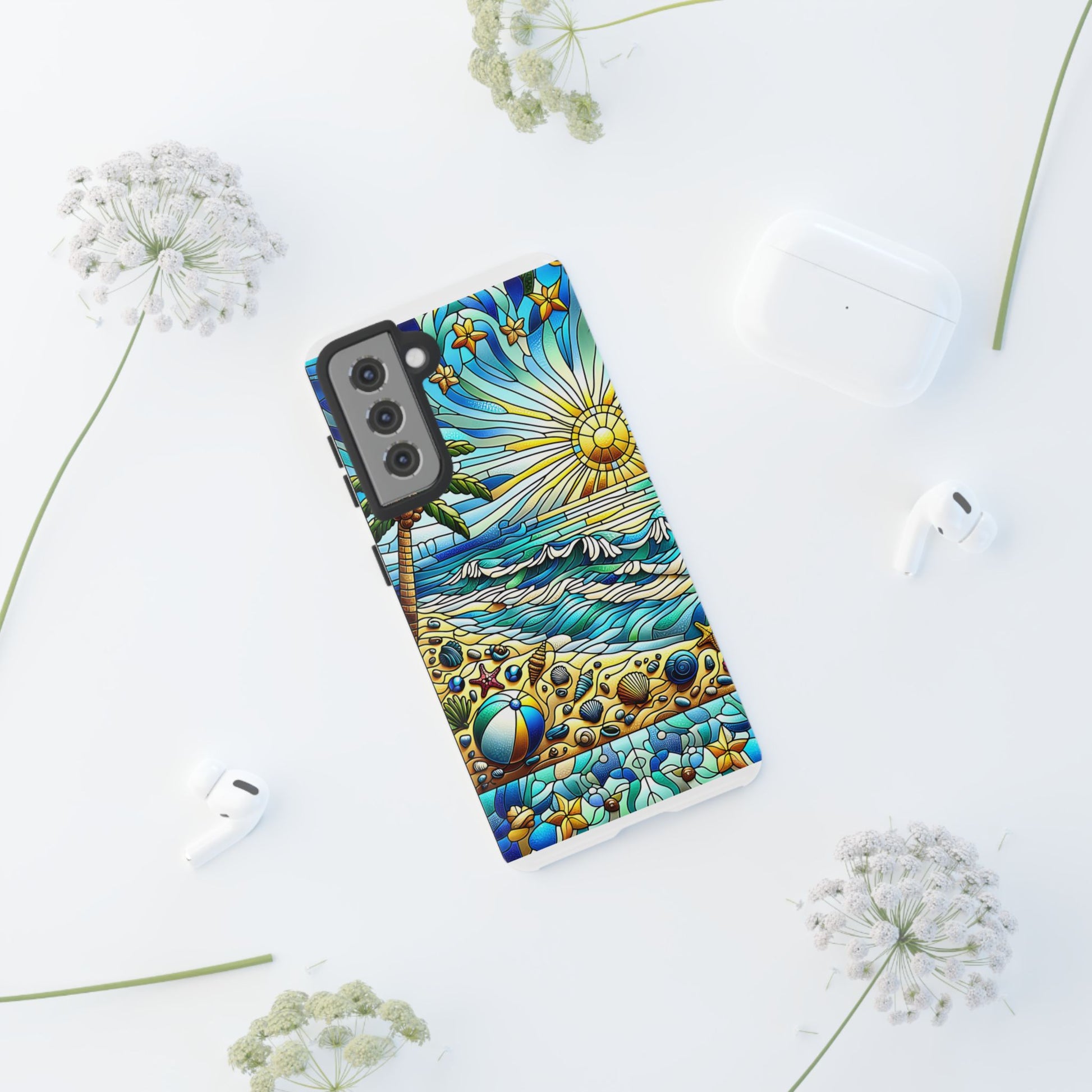 Stained Glass Tough Case, Protective Phone Case, Nature Inspired Smartphone Case, Summer Beach Play Day Phone Cover, Tough Phone Case for
