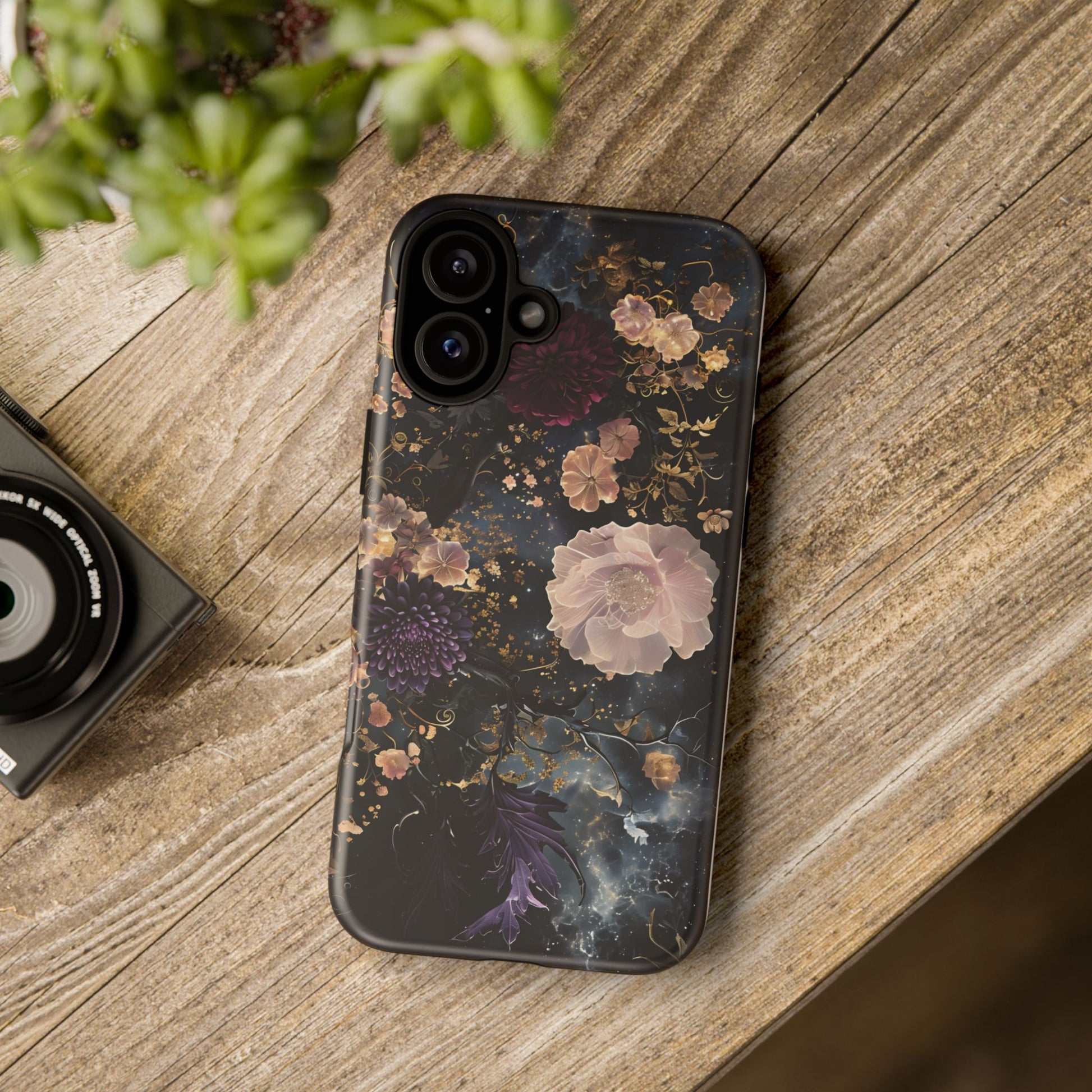 Phone Case, Whimsical Floral Pattern Against Cosmic Nebulous Background. Galaxy, Space, Tough Protective Cover, Unique Gift, Trendy