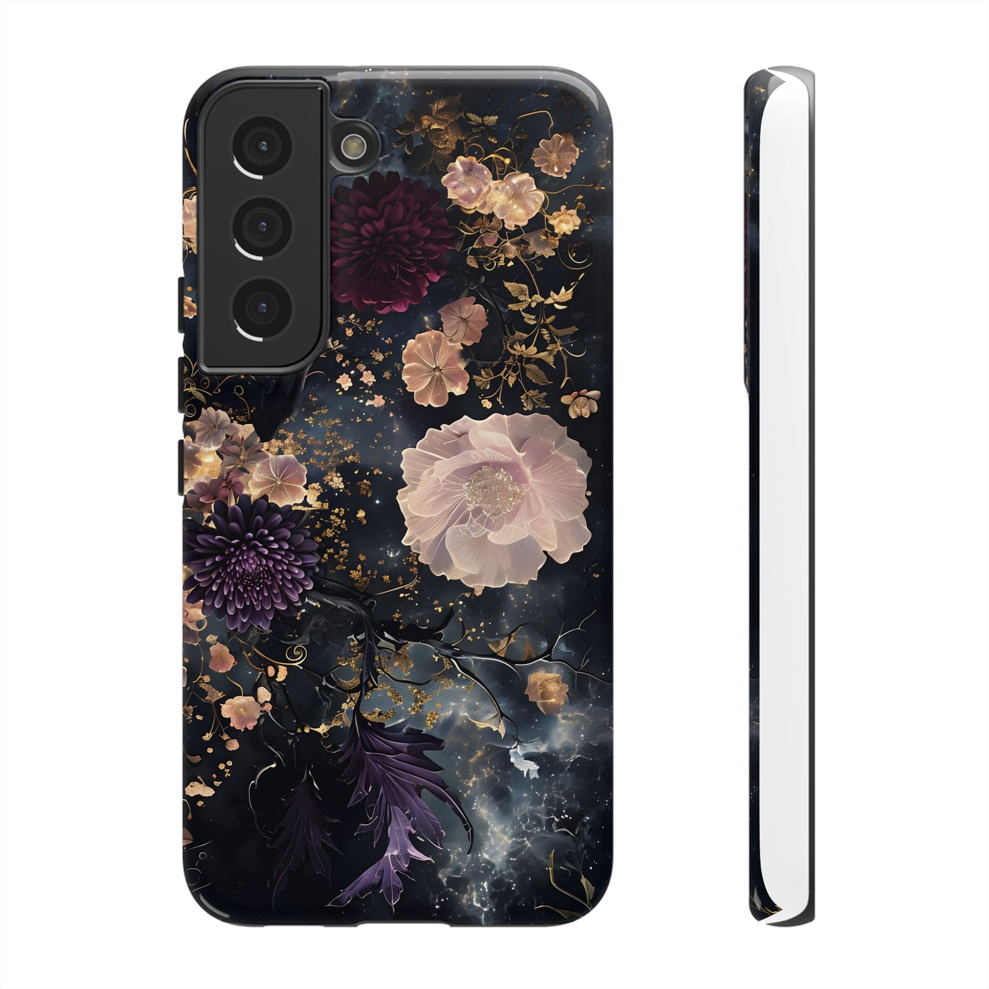 Phone Case, Whimsical Floral Pattern Against Cosmic Nebulous Background. Galaxy, Space, Tough Protective Cover, Unique Gift, Trendy