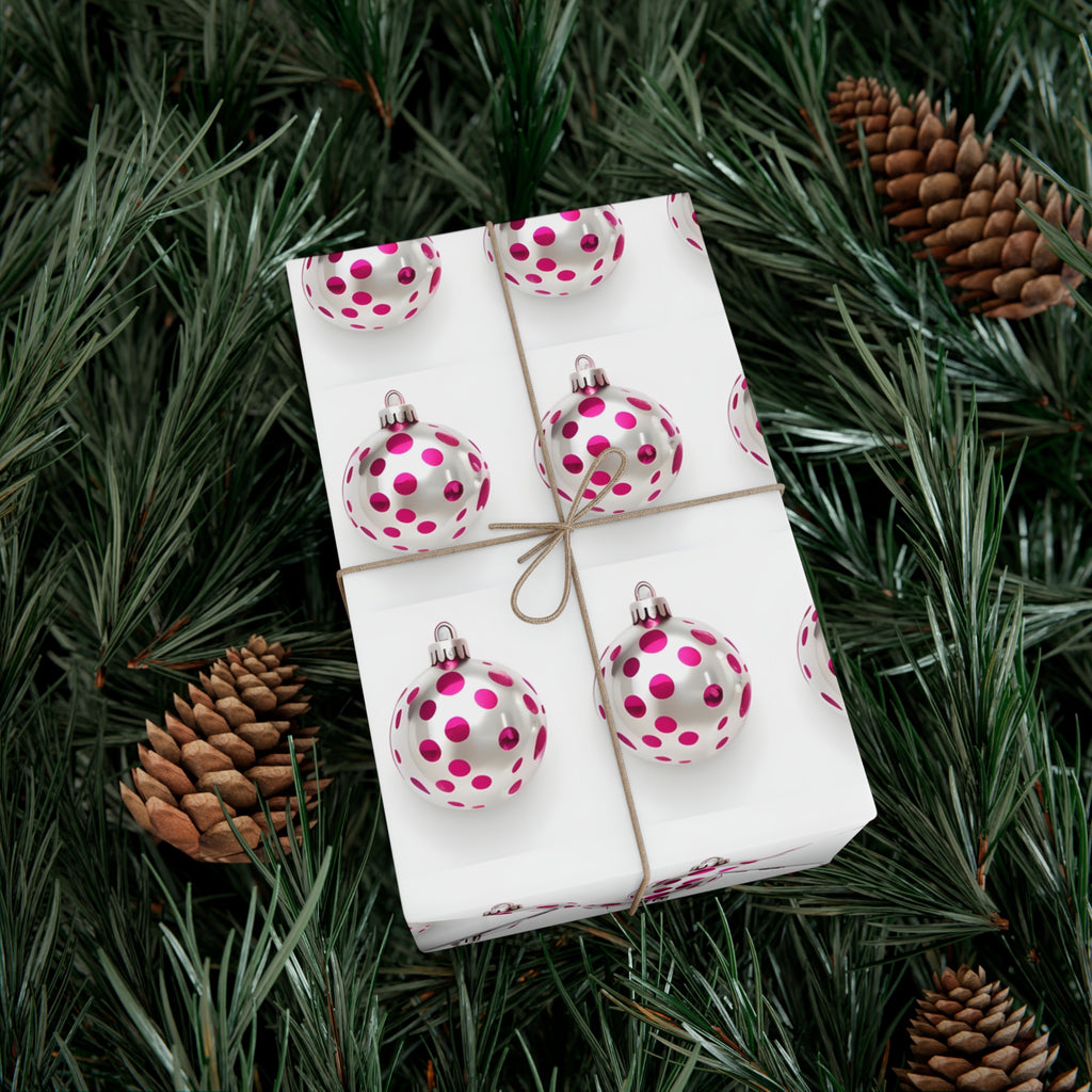 Wrapping Paper, Hot Pink Polka Dot Christmas Ornaments On White Background - Gift Wrap Rolls, Eco-Friendly Gift Wrap, Holiday