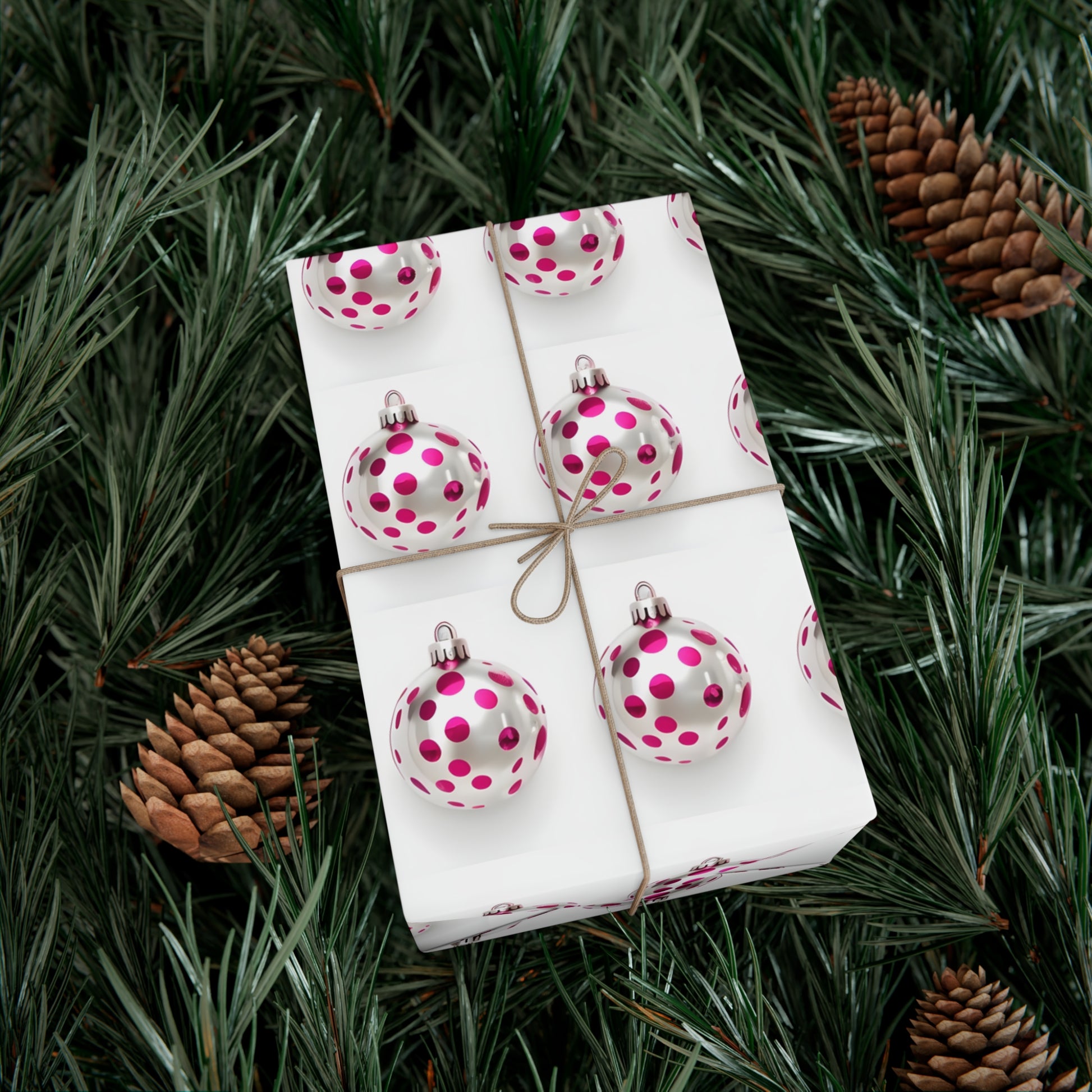 Wrapping Paper, Hot Pink Polka Dot Christmas Ornaments On White Background - Gift Wrap Rolls, Eco-Friendly Gift Wrap, Holiday