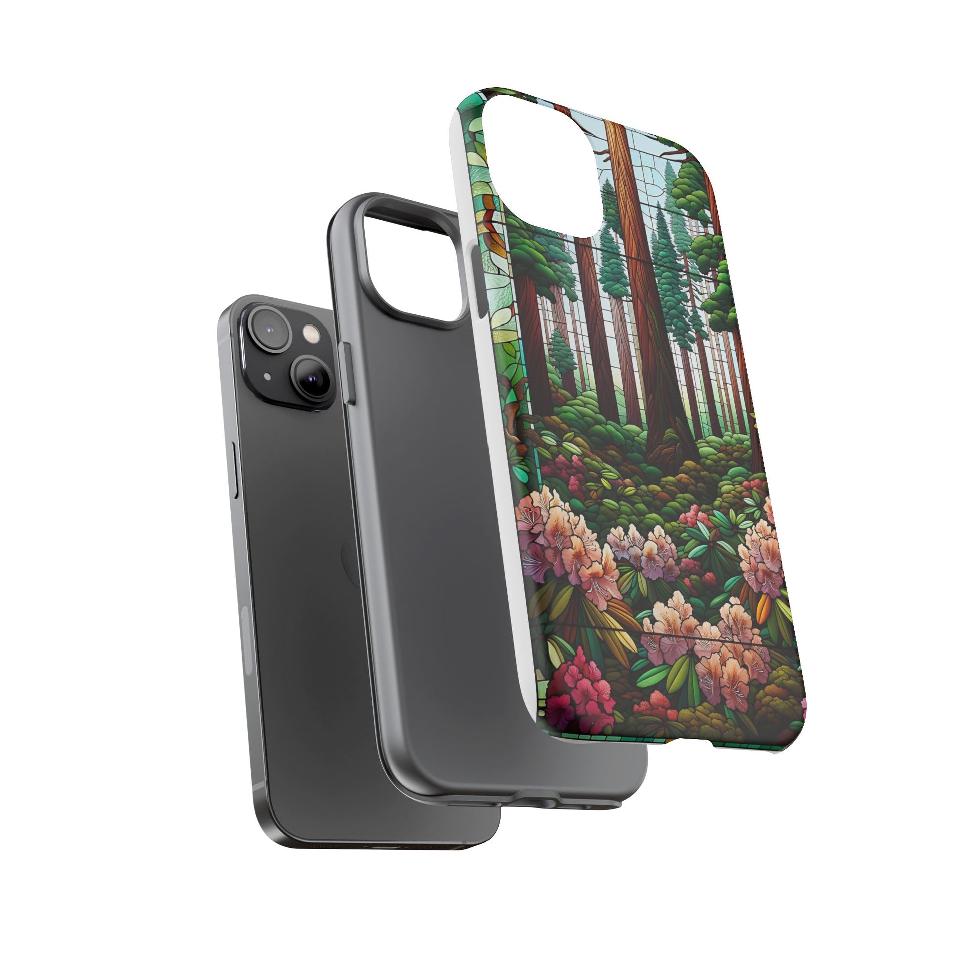 Nature Inspired Tough Cases - Redwood Trees & Rhododendrons Stained Glass iPhone Cover, Protective Phone Shell, Unique Samsung Galaxy Case,