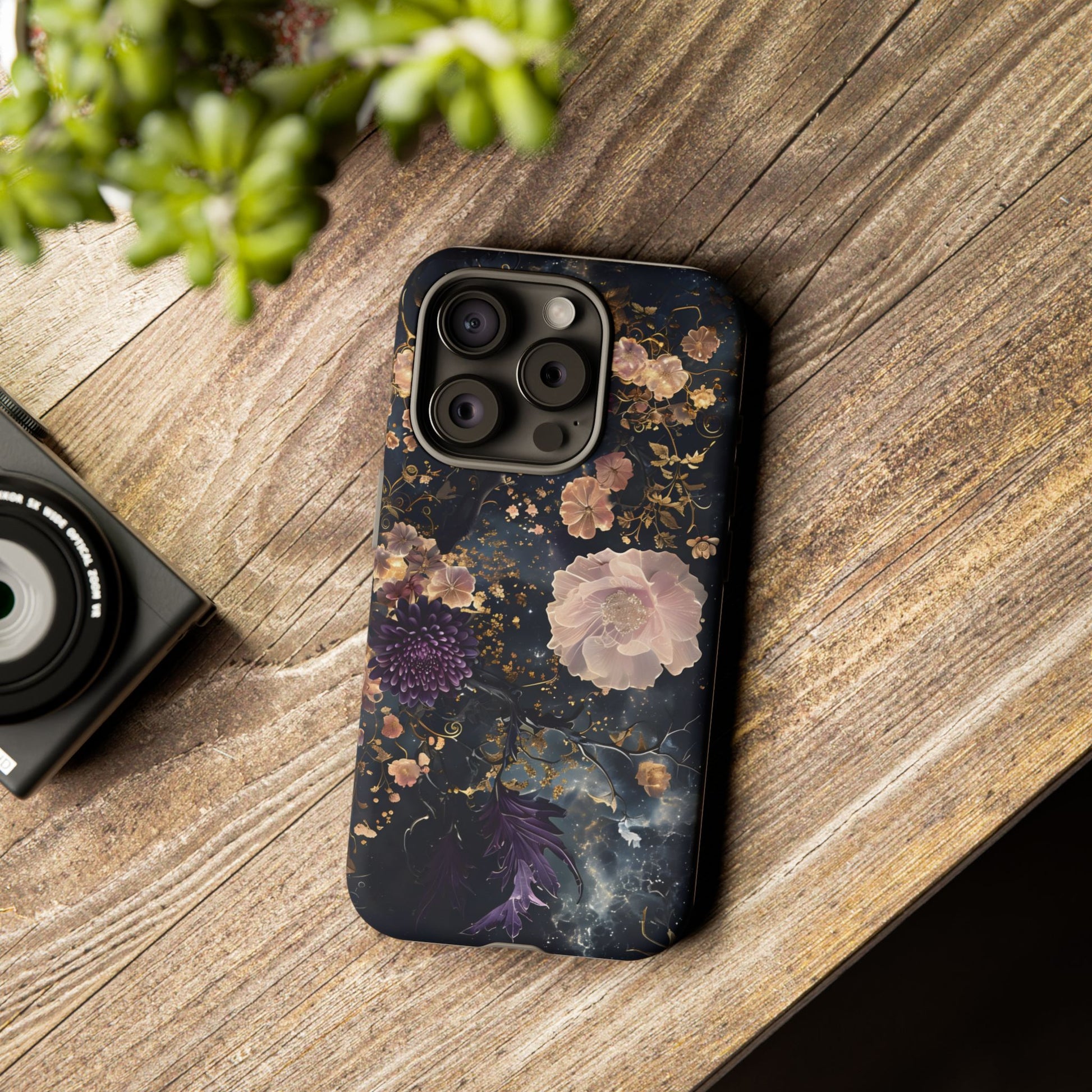 Phone Case, Whimsical Floral Pattern Against Cosmic Nebulous Background. Galaxy, Space, Tough Protective Cover, Unique Gift, Trendy