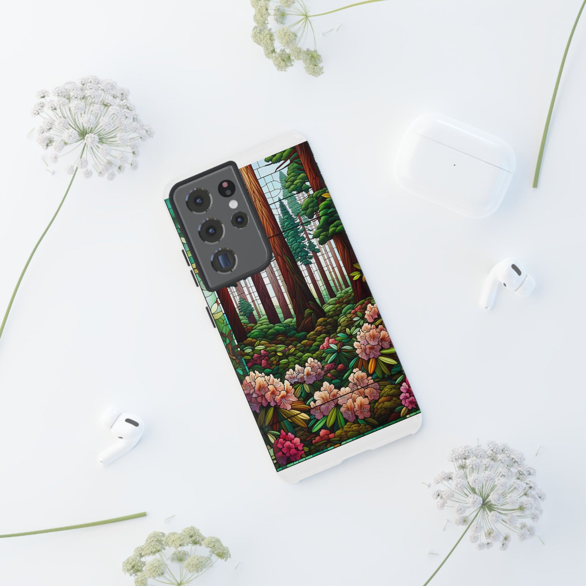 Nature Inspired Tough Cases - Redwood Trees & Rhododendrons Stained Glass iPhone Cover, Protective Phone Shell, Unique Samsung Galaxy Case,