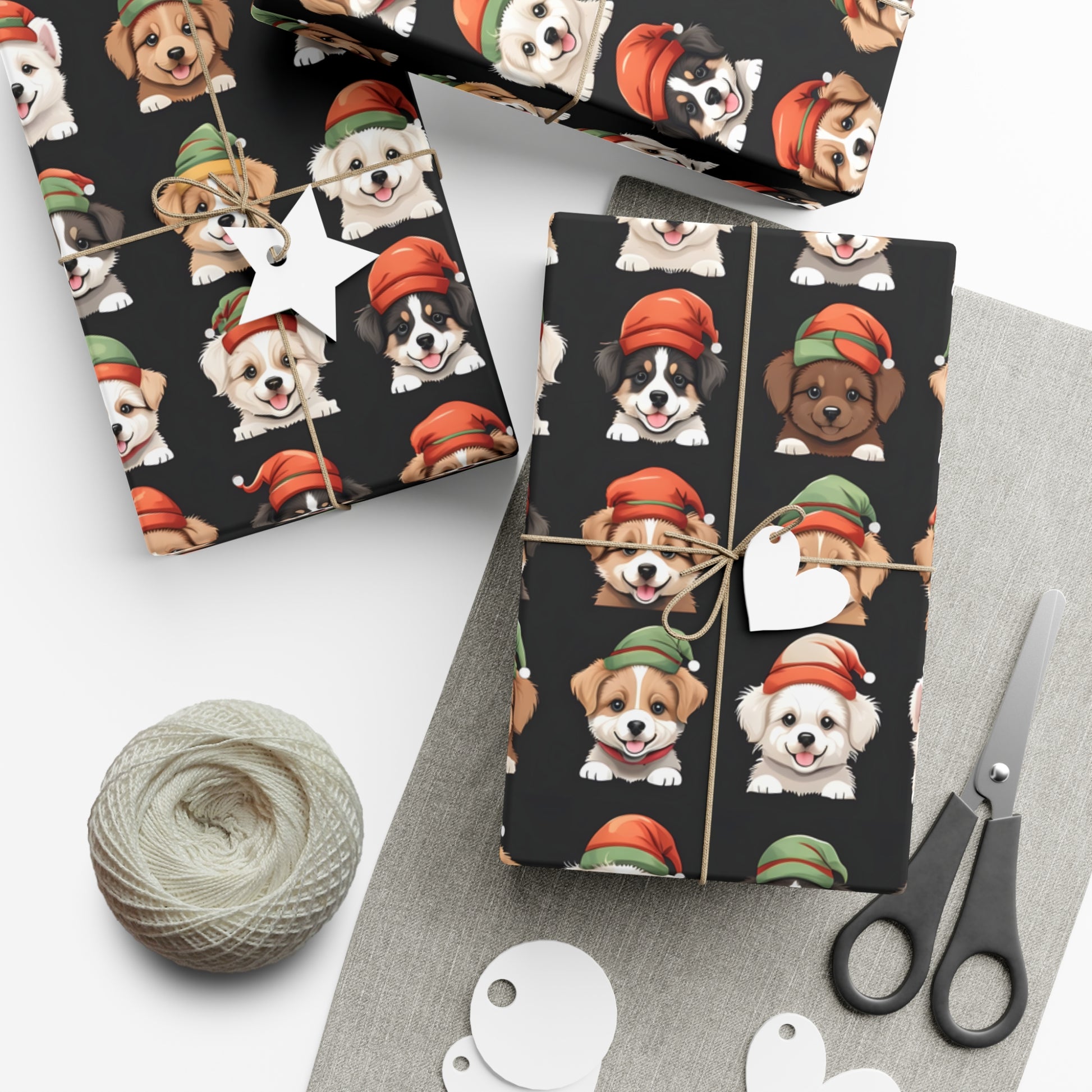 Cute Puppies Elf Caps Gift Wrap Papers - Festive Christmas Wrapping Paper Roll, Holiday Gift Packaging, Adorable Dog Lover Gift Wrap, Pet
