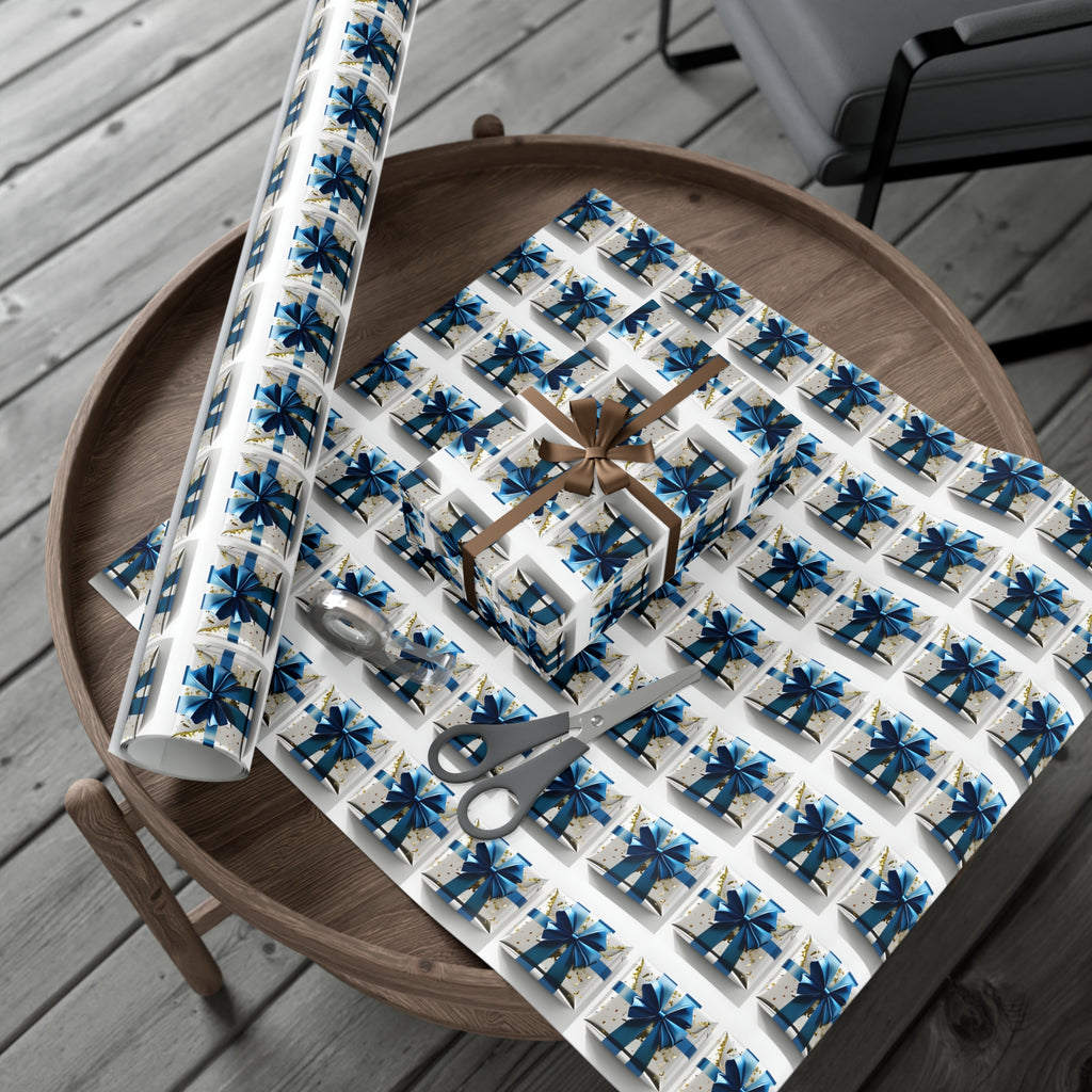 Wrapping Paper, Elegantly Wrapped Gifts On White Background with Blue Bows, Christmas Wrapping, Gift Packaging, Festive Decor, Holiday Gift