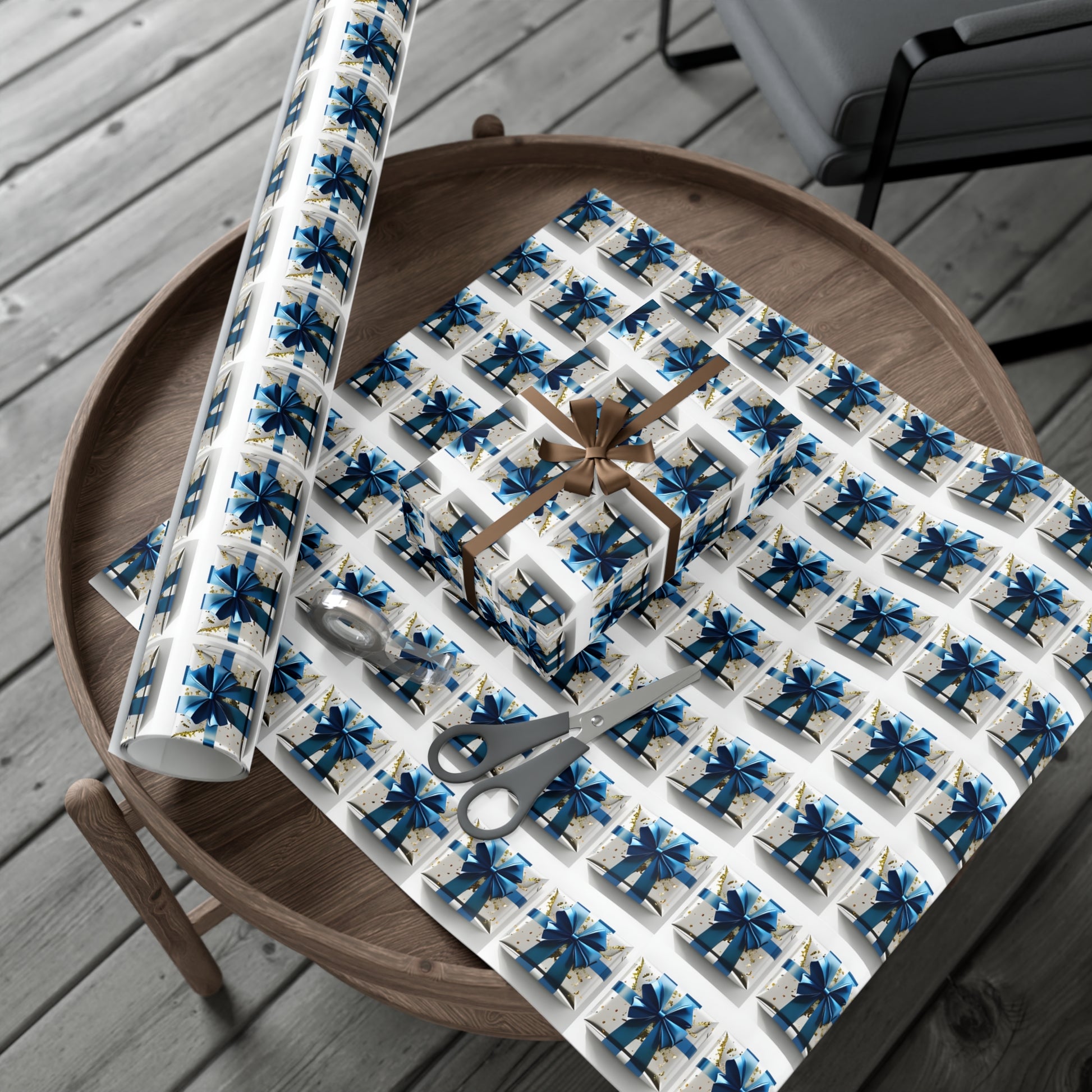 Wrapping Paper, Elegantly Wrapped Gifts On White Background with Blue Bows, Christmas Wrapping, Gift Packaging, Festive Decor, Holiday Gift