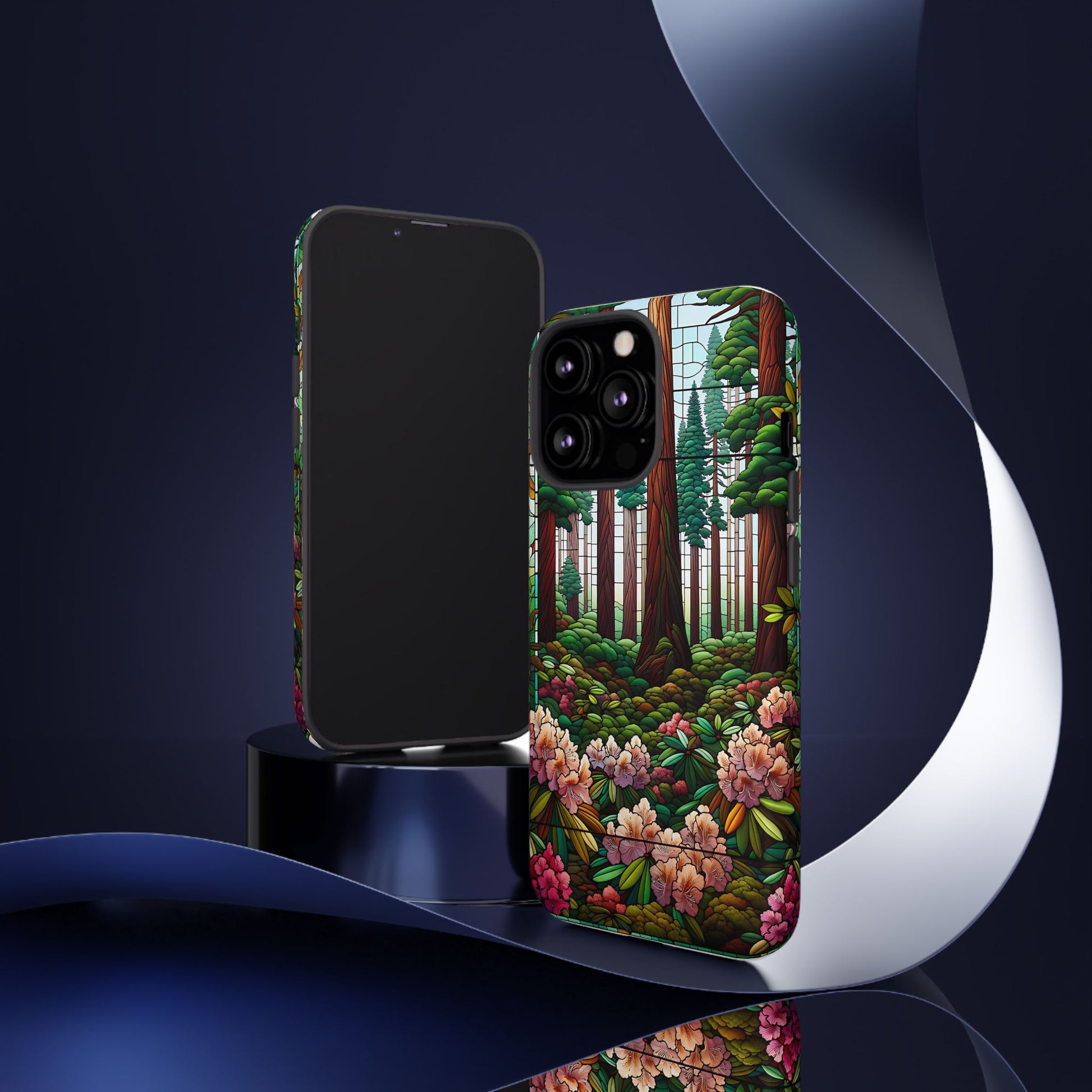 Nature Inspired Tough Cases - Redwood Trees & Rhododendrons Stained Glass iPhone Cover, Protective Phone Shell, Unique Samsung Galaxy Case,