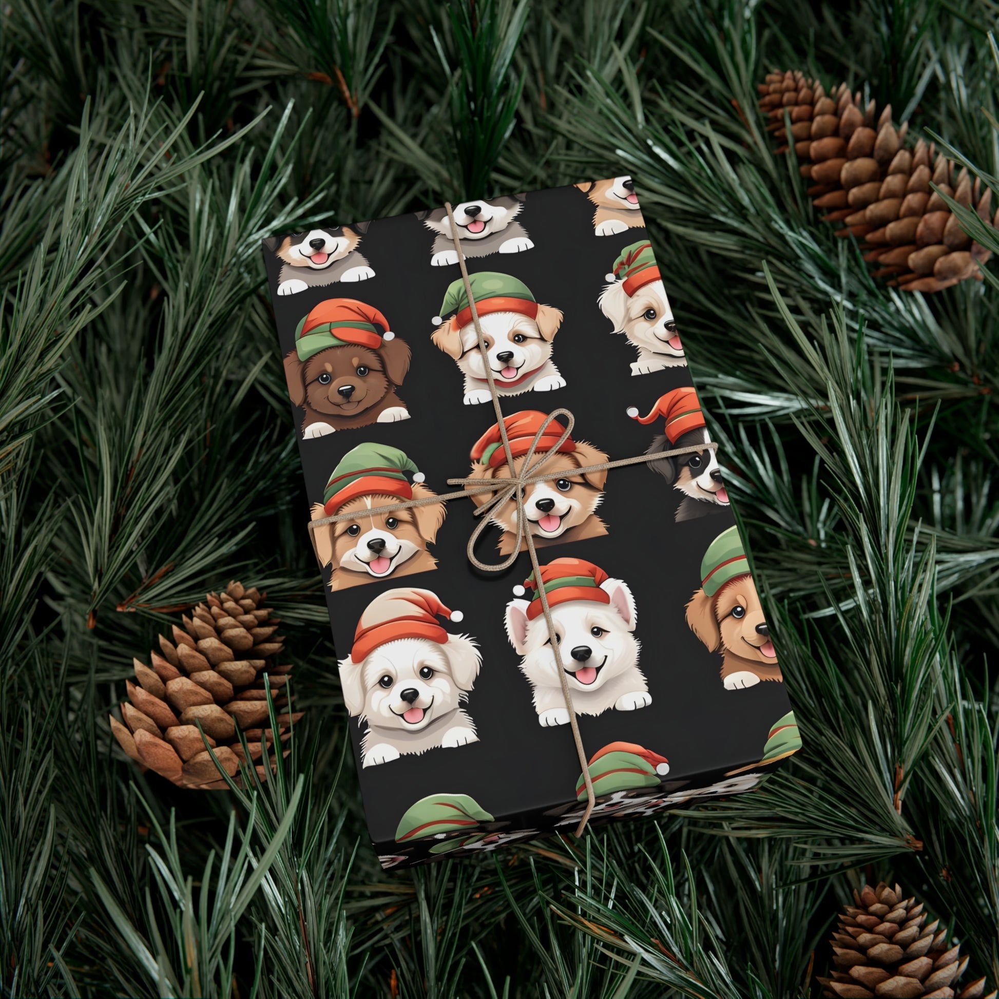 Cute Puppies Elf Caps Gift Wrap Papers - Festive Christmas Wrapping Paper Roll, Holiday Gift Packaging, Adorable Dog Lover Gift Wrap, Pet