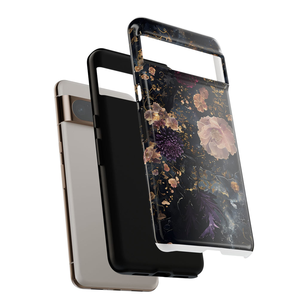 Phone Case, Whimsical Floral Pattern Against Cosmic Nebulous Background. Galaxy, Space, Tough Protective Cover, Unique Gift, Trendy