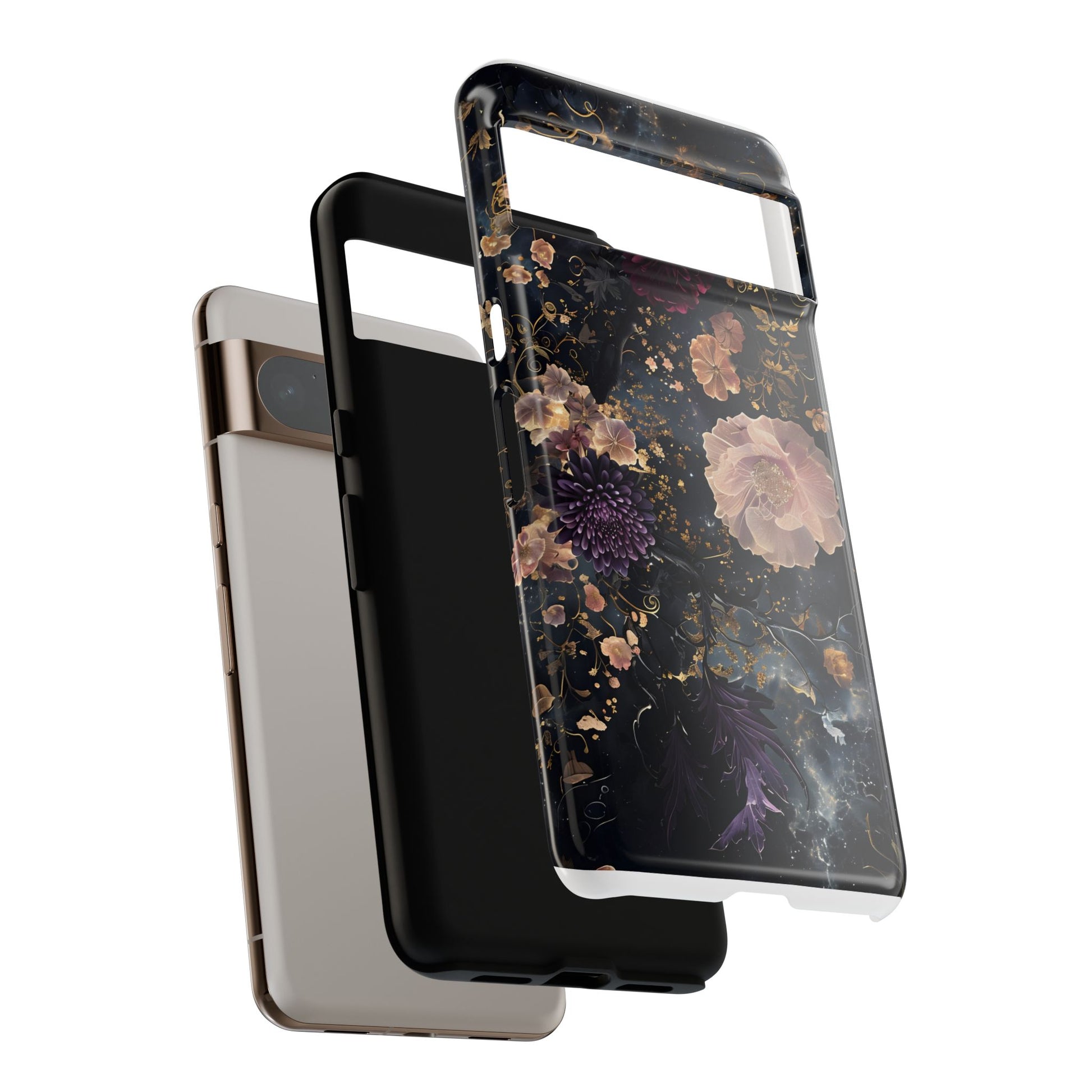 Phone Case, Whimsical Floral Pattern Against Cosmic Nebulous Background. Galaxy, Space, Tough Protective Cover, Unique Gift, Trendy