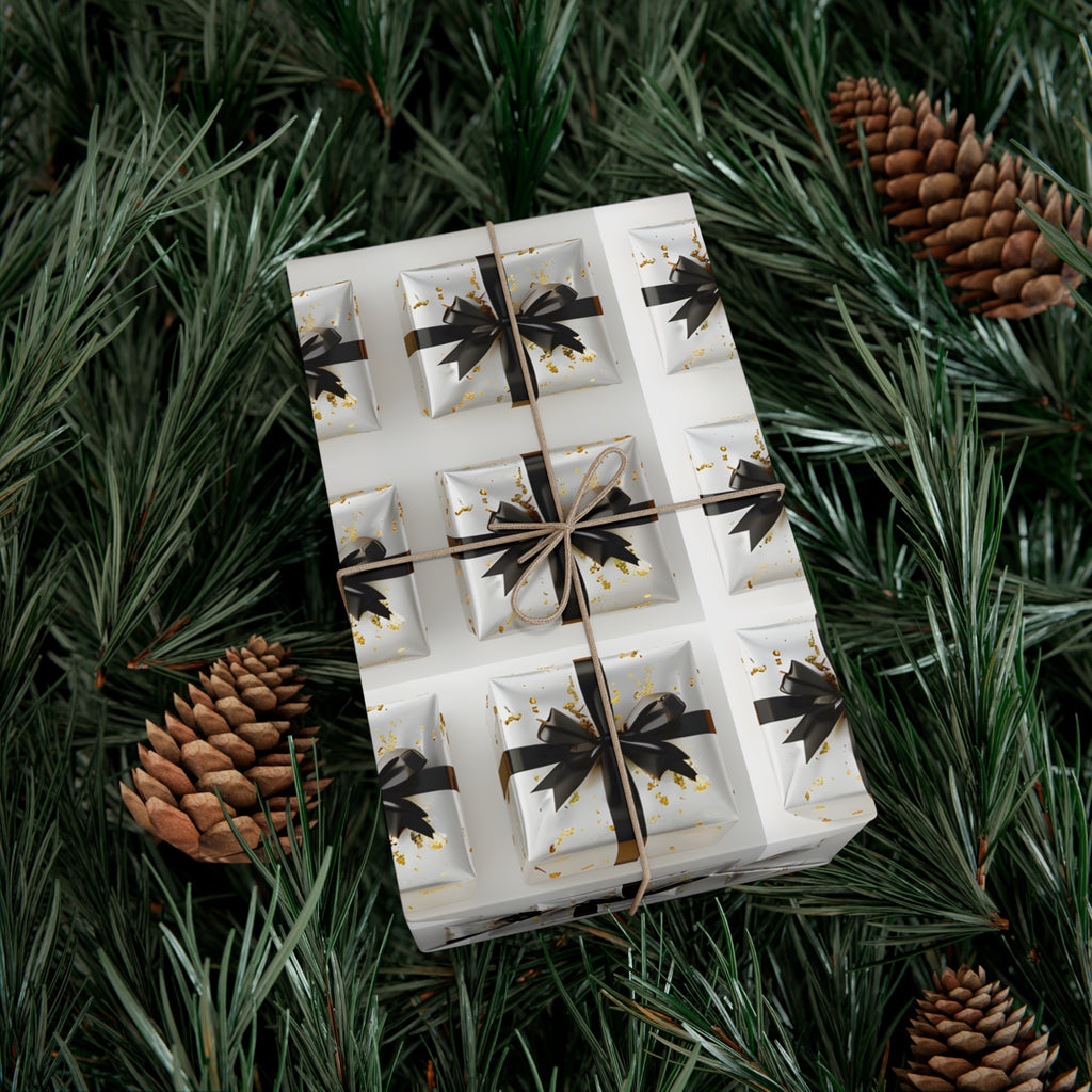 Wrapping Paper, Elegantly Wrapped Gifts On White Background with Black Bows - Gift Wrap Rolls, Eco-Friendly Gift Wrap, Holiday