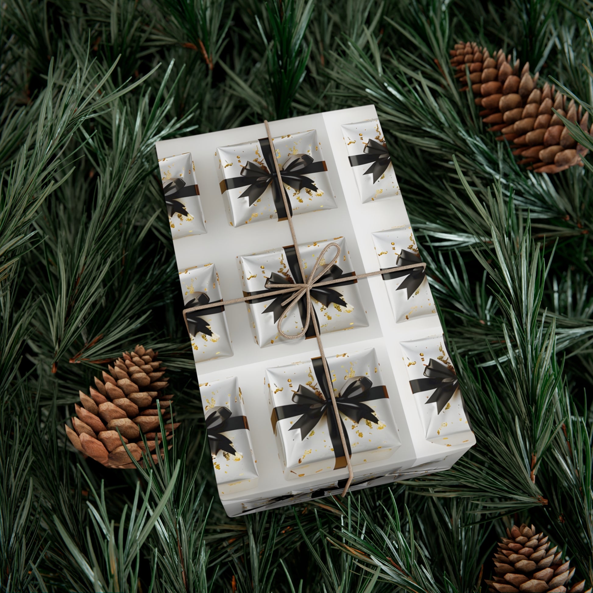 Wrapping Paper, Elegantly Wrapped Gifts On White Background with Black Bows - Gift Wrap Rolls, Eco-Friendly Gift Wrap, Holiday
