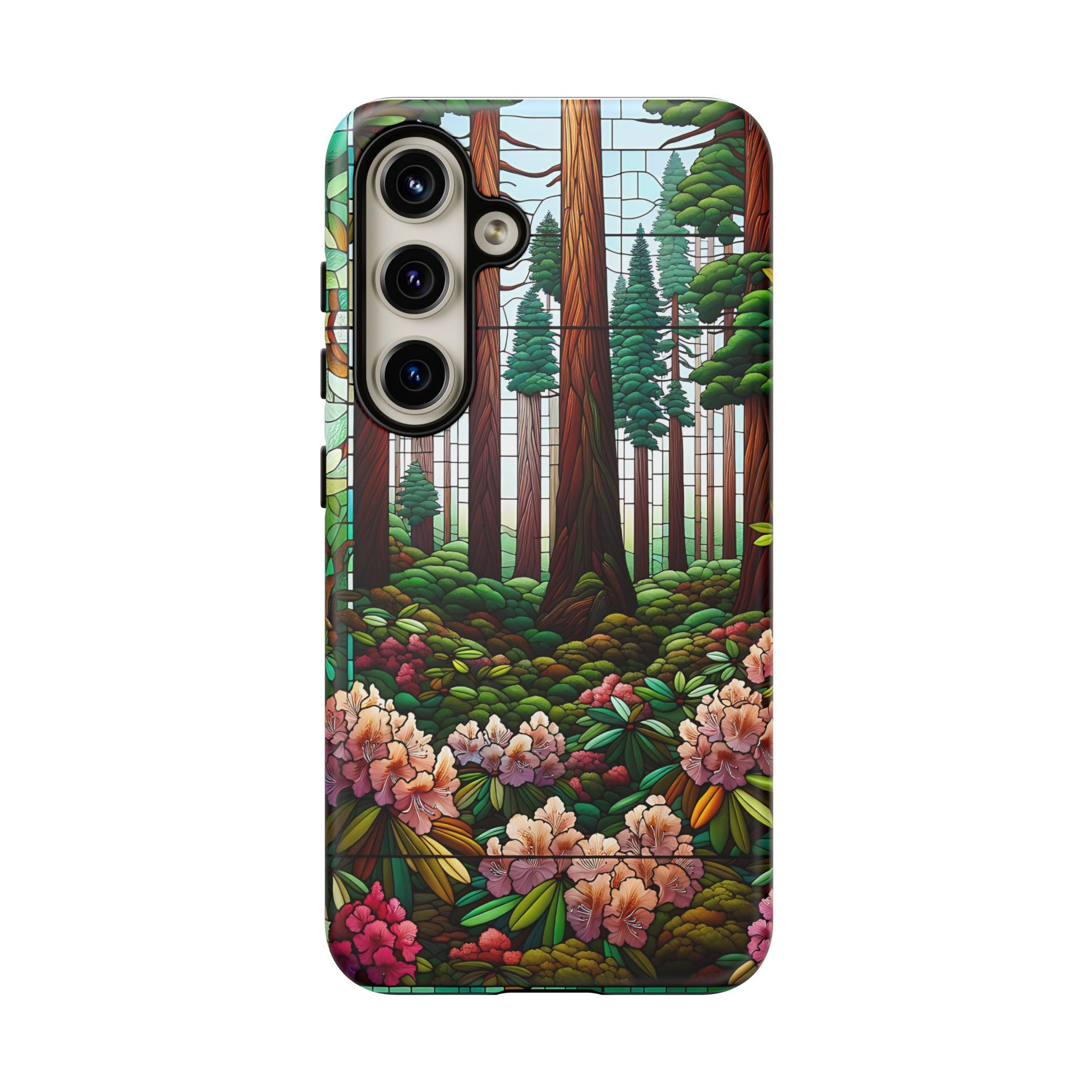 Nature Inspired Tough Cases - Redwood Trees & Rhododendrons Stained Glass iPhone Cover, Protective Phone Shell, Unique Samsung Galaxy Case,