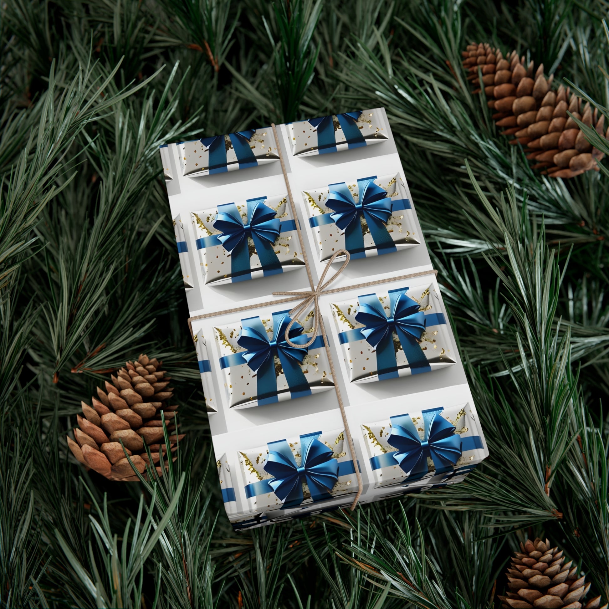 Wrapping Paper, Elegantly Wrapped Gifts On White Background with Blue Bows, Christmas Wrapping, Gift Packaging, Festive Decor, Holiday Gift