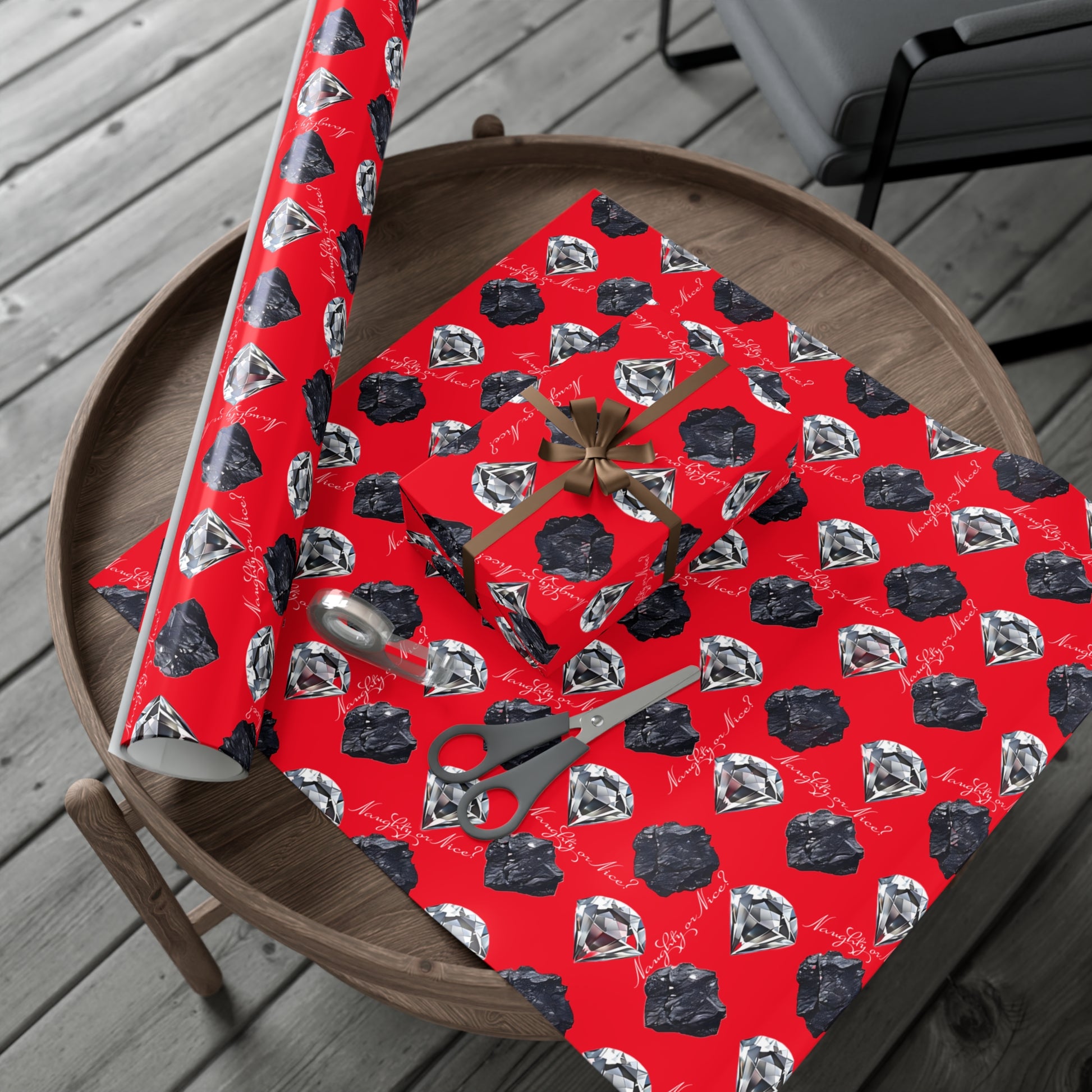 Wrapping Paper, Naughty or Nice Diamonds and Coal on Red Background - Gift Wrap Rolls, Eco-Friendly, Holiday, Christmas Gifts