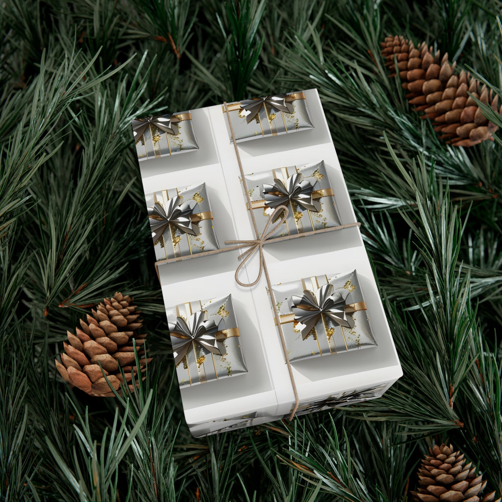 Wrapping Paper, Elegantly Wrapped Gifts On White Background with Silver & Gold Bows - Gift Wrap Rolls, Eco-Friendly Gift Wrap, Holiday