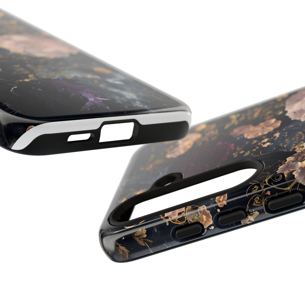 Phone Case, Whimsical Floral Pattern Against Cosmic Nebulous Background. Galaxy, Space, Tough Protective Cover, Unique Gift, Trendy