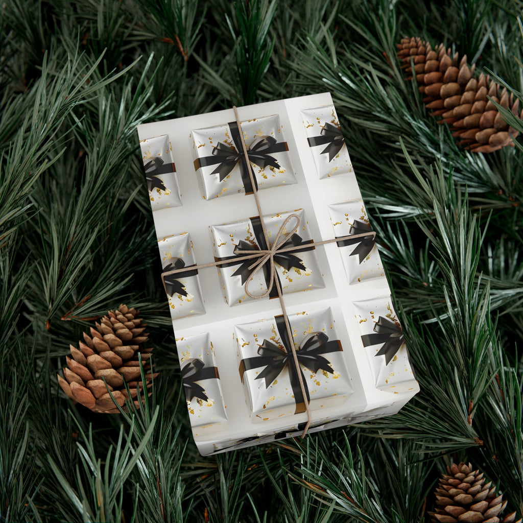 Wrapping Paper, Elegantly Wrapped Gifts On White Background with Black Bows - Gift Wrap Rolls, Eco-Friendly Gift Wrap, Holiday