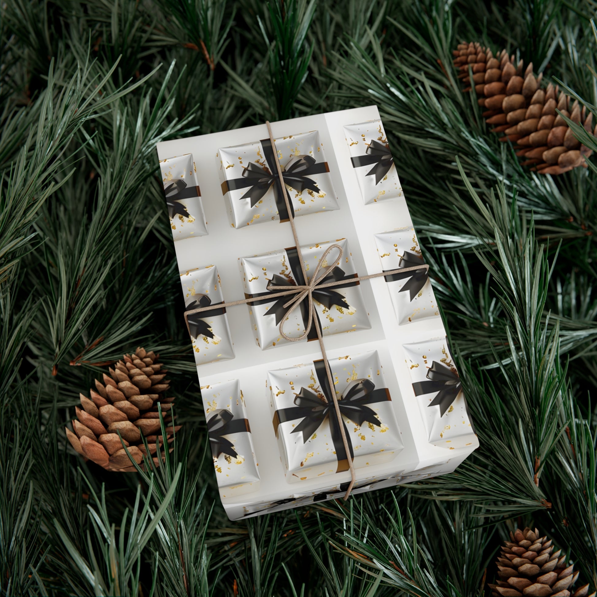 Wrapping Paper, Elegantly Wrapped Gifts On White Background with Black Bows - Gift Wrap Rolls, Eco-Friendly Gift Wrap, Holiday