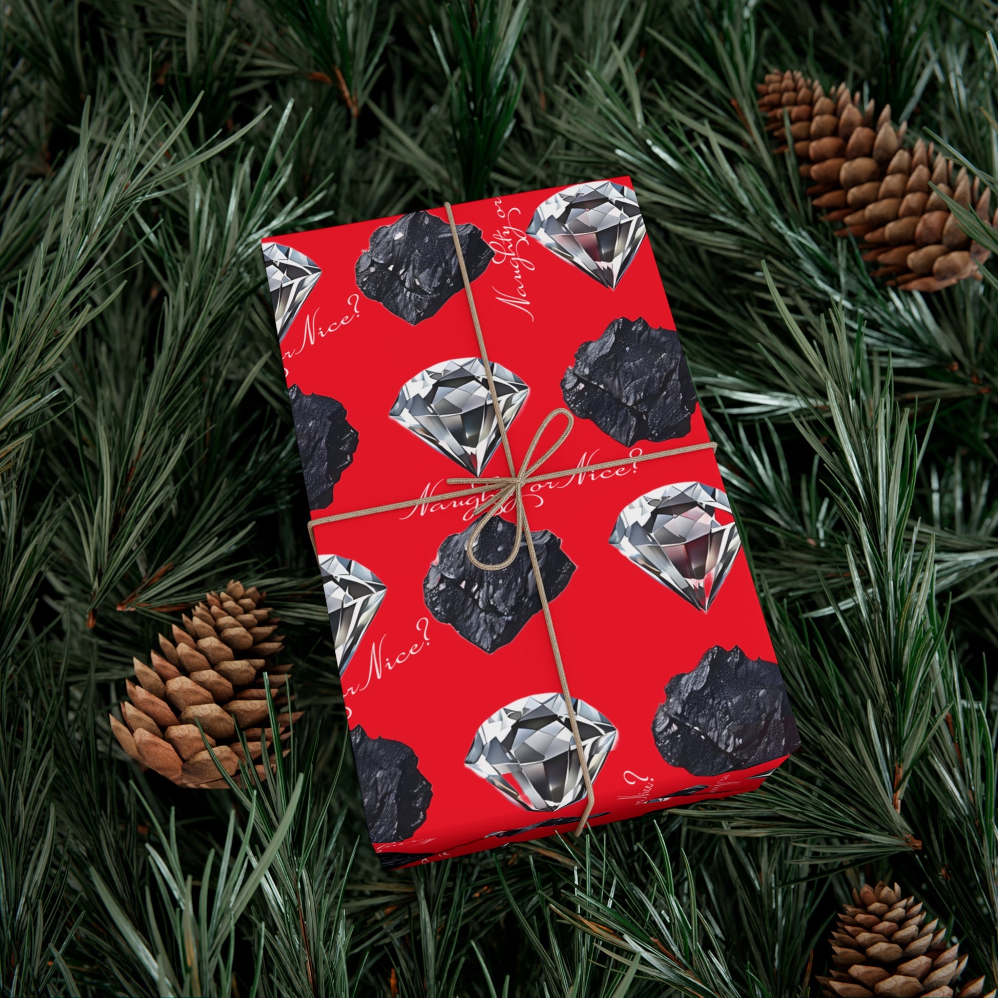 Wrapping Paper, Naughty or Nice Diamonds and Coal on Red Background - Gift Wrap Rolls, Eco-Friendly, Holiday, Christmas Gifts