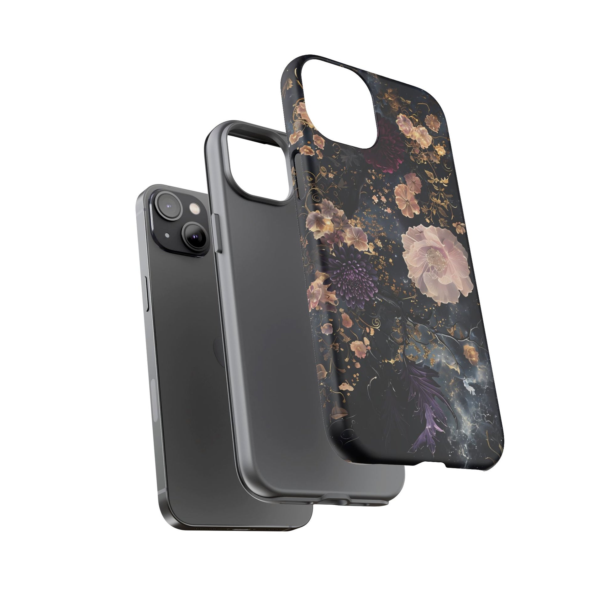 Phone Case, Whimsical Floral Pattern Against Cosmic Nebulous Background. Galaxy, Space, Tough Protective Cover, Unique Gift, Trendy