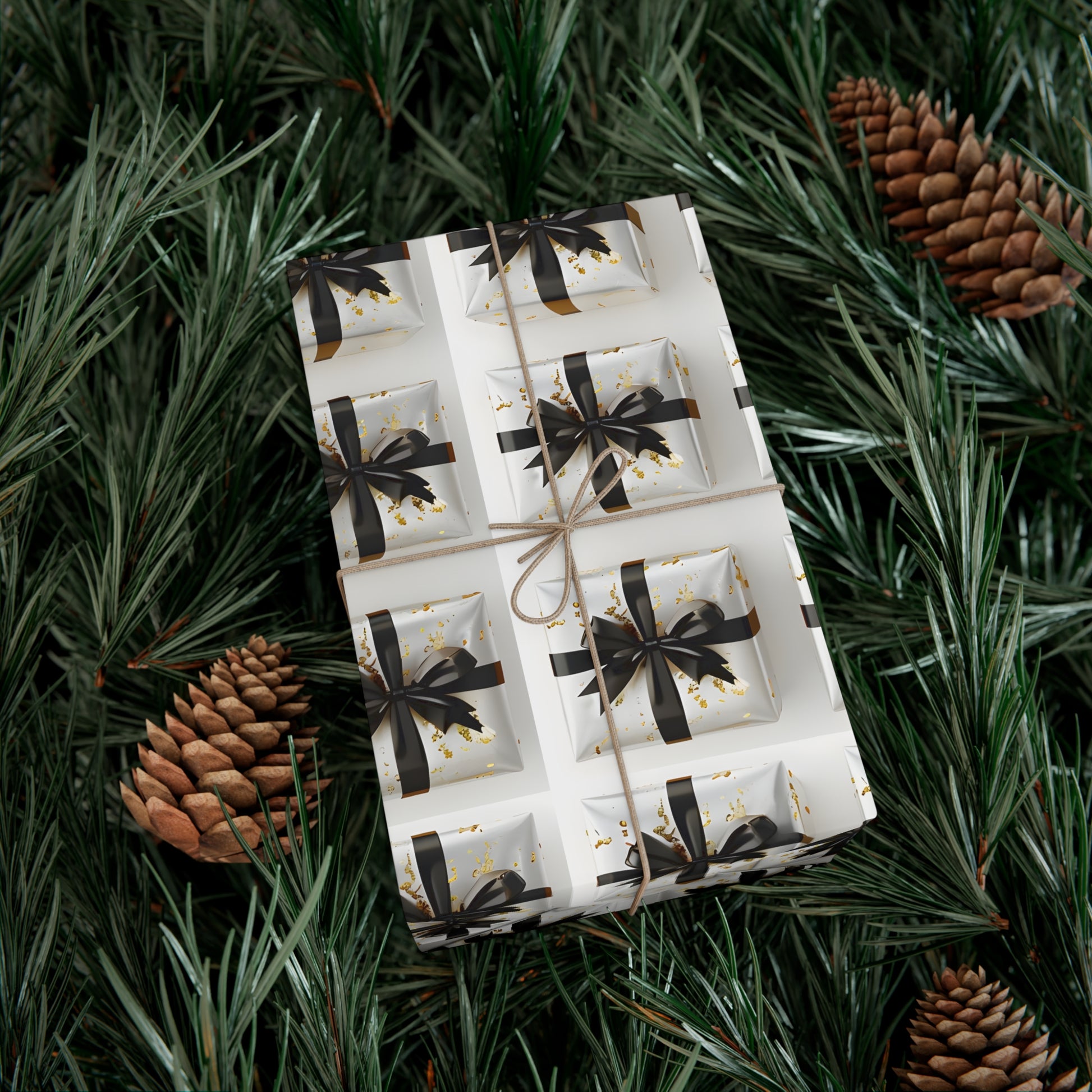 Wrapping Paper, Elegantly Wrapped Gifts On White Background with Black Bows - Gift Wrap Rolls, Eco-Friendly Gift Wrap, Holiday