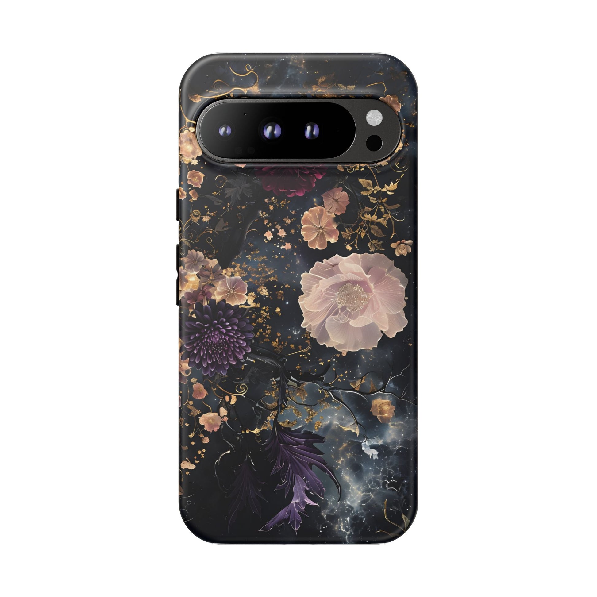Phone Case, Whimsical Floral Pattern Against Cosmic Nebulous Background. Galaxy, Space, Tough Protective Cover, Unique Gift, Trendy